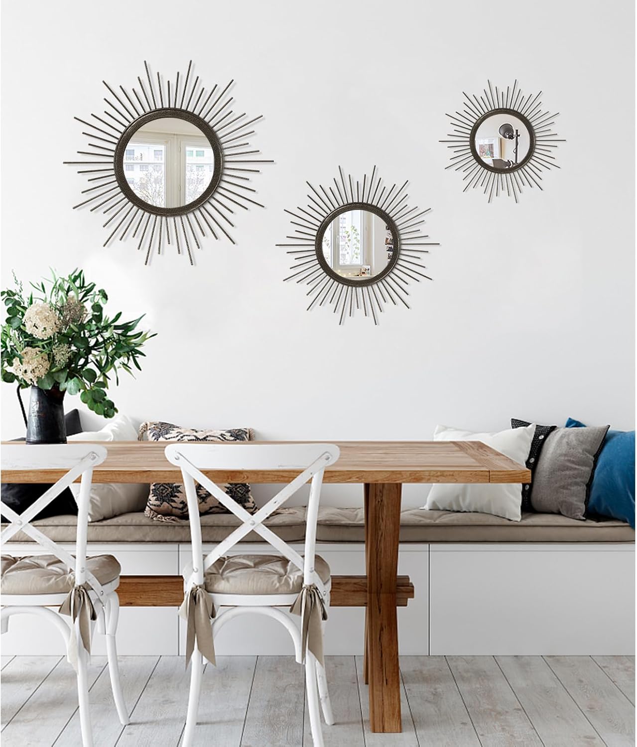 Sunburst Spoked Large Wall Mirror Boho Home Circle Art Mirror Modern Metal Mirror for Wall Decorative Bathroom Bedroom Vanity Hallway Balcony Living Room Entryway 20"