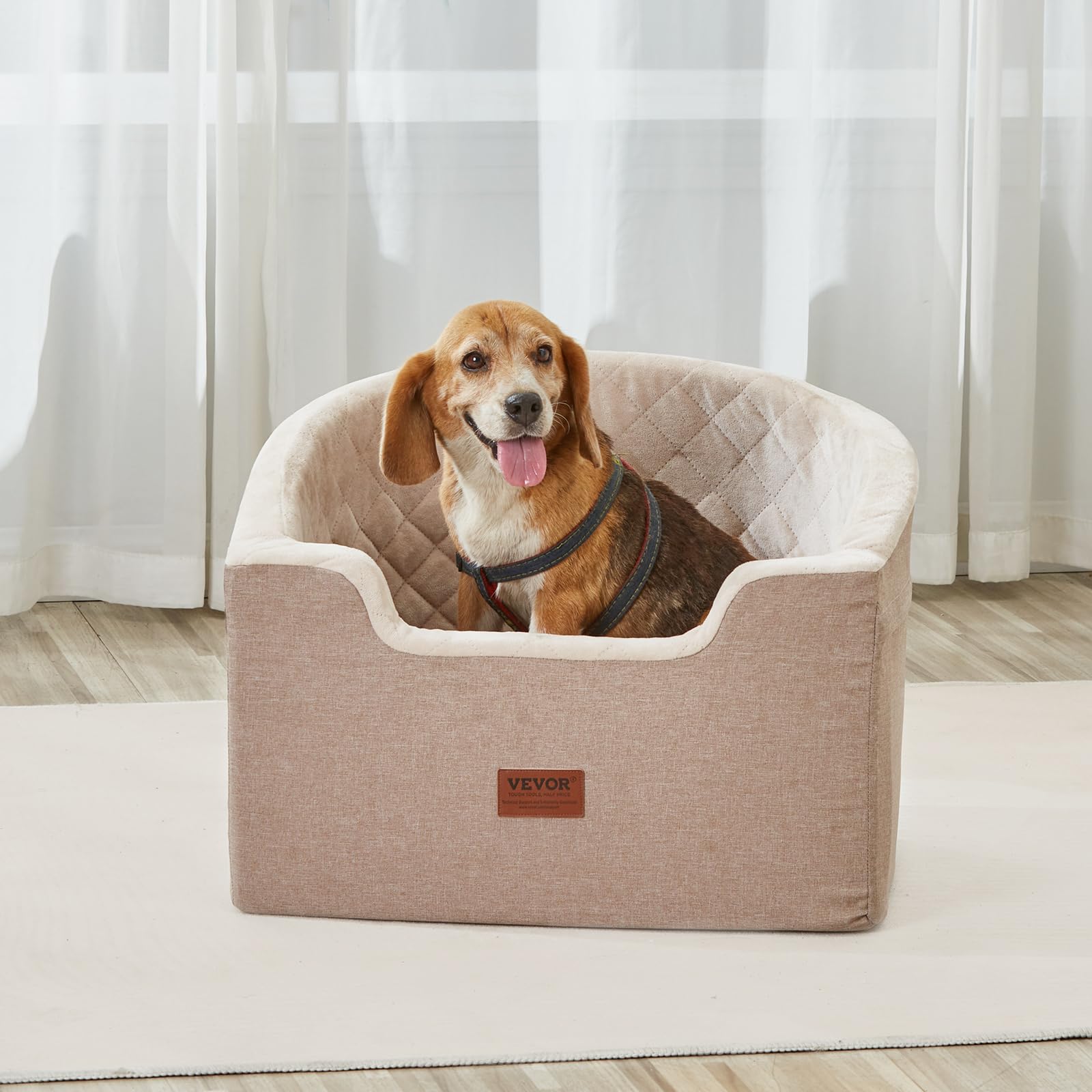 VEVOR Asiento de Coche para Perros 25 kg Asiento Elevado Impermeable para Mascotas con Respaldo Bolsillo de Almacenamiento Correa de Seguridad con Clip Acolchado de Esponja para Coche, Marrón