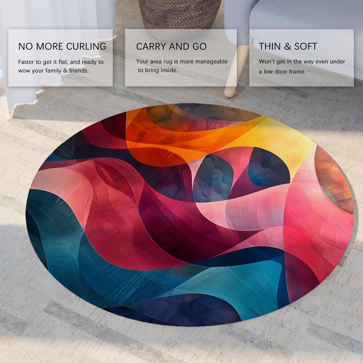 Tapis Rond Abstrait pour Chambre 200cm Tapis Circulaire Fausse Laine Douce Courbe colorée bohème Lavable Poil Bas pour Salon canapé Chambre Enfant