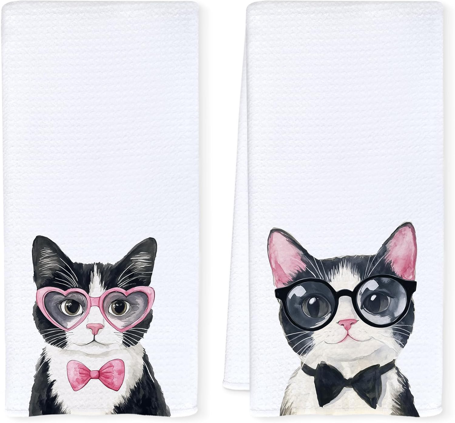 Coquette Black and White Cat Kitchen Towels, Tuxedo Cat Gifts Dish Tea Towels for Kitchen Decor, Cats Lover Mom Lady Gifts Decorative Hand Towels for Bathroom, 16x24 Inch Set of 2