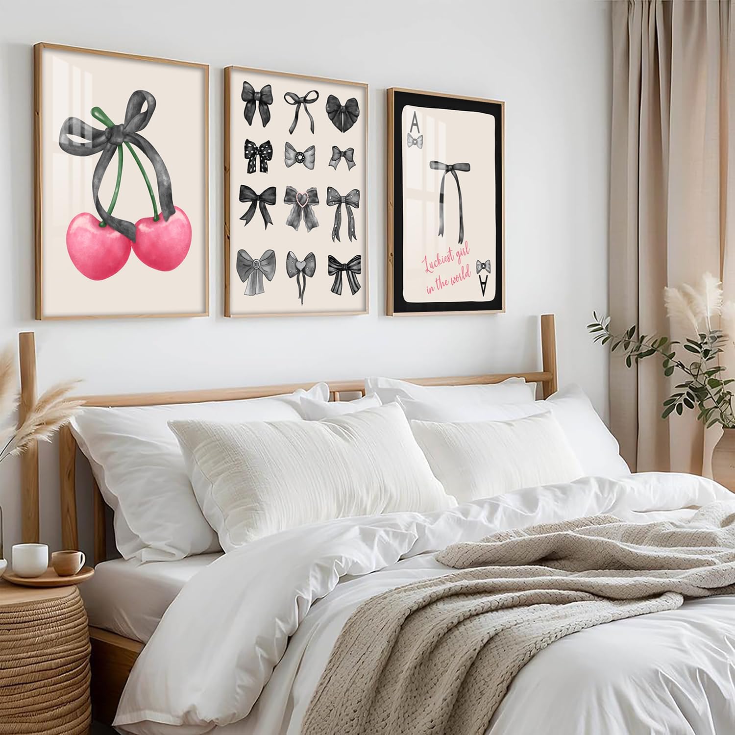 YJYCLD Pink Coquette Trendy Preppy Bow Wall Art Prints Set of 3 Pink Cherry Poker Wall Decor Posters Black Bows Dorm Room Decor College Apartment Decor Aesthetic for Girls Bedroom 16x24 inch Unframed