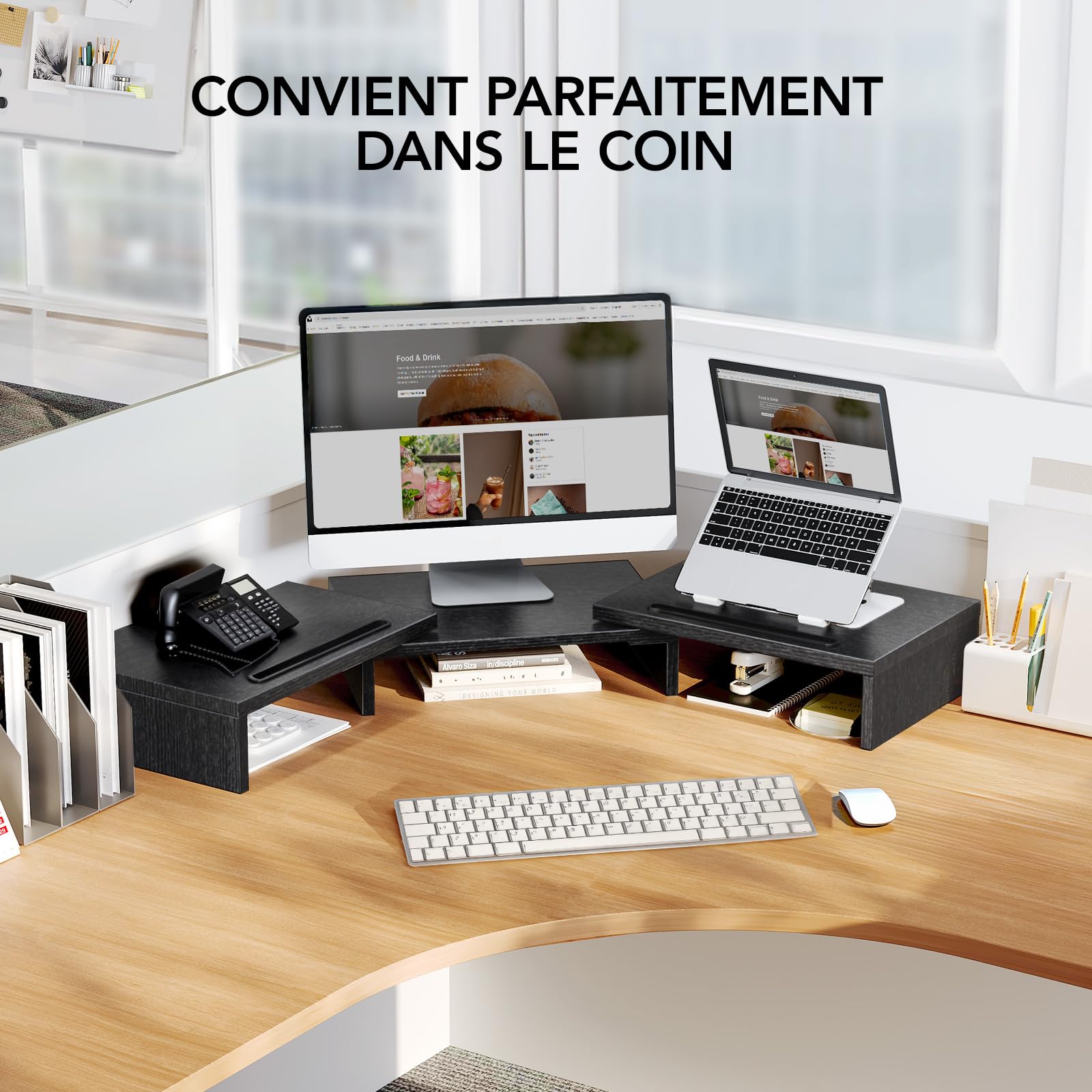 HUANUO Support Moniteur Double, Rehausseur Ecran PC Bureau avec 2 Emplacements, Rehausseur Ecran, Support Polyvalent Écran PC, Laptop, PC, Noir