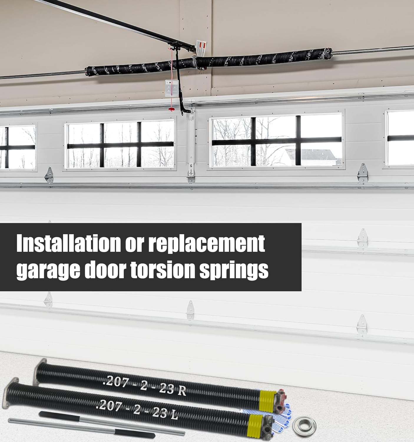Garage Door Torsion Spring Set, Pair of 2" Electrophoresis Coated Garage Door Springs Replacement with 2 Non-Slip Winding Bars and Bearing, Minimum 16000 Cycles (.207x2x23")