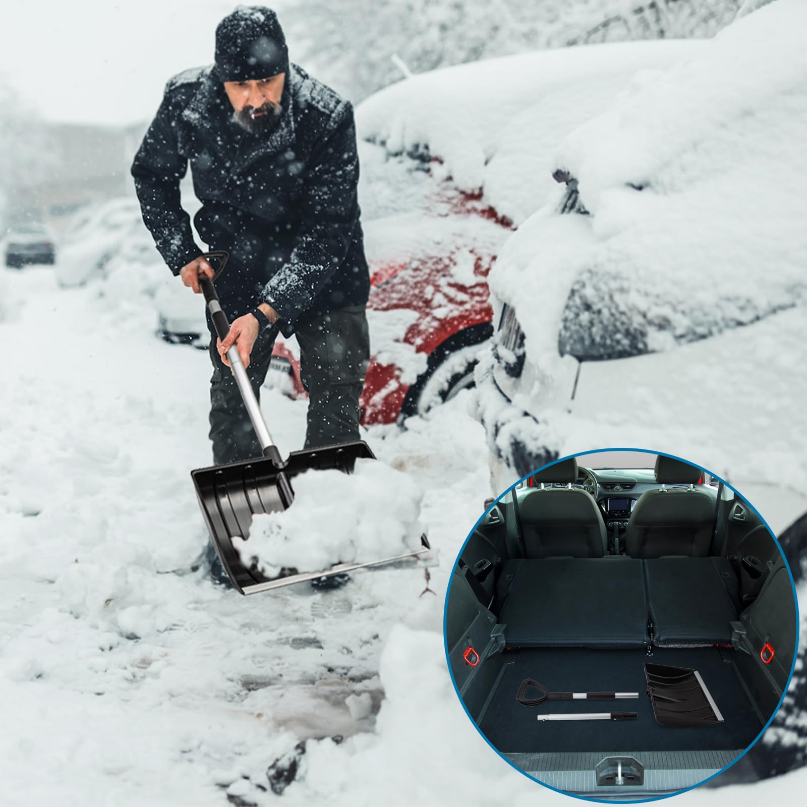 LESOLEIL Pala da Neve per Autostrada Auto Garage Casa Rimozione Neve, Heavy Duty 42cm Lungo Grande Capacità Portatile Pieghevole Pala Da Neve per Giardino Auto Campeggio Esterno