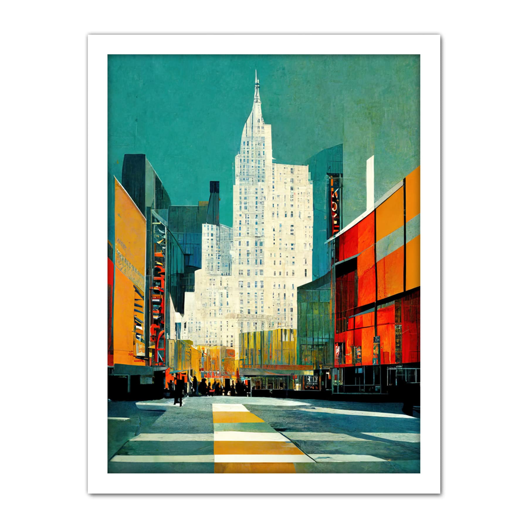 Wee Blue Coo Broadway New York Abstract Midcentury Cityscape Orange Teal Artwork Framed Wall Art Print 18X24 Inch
