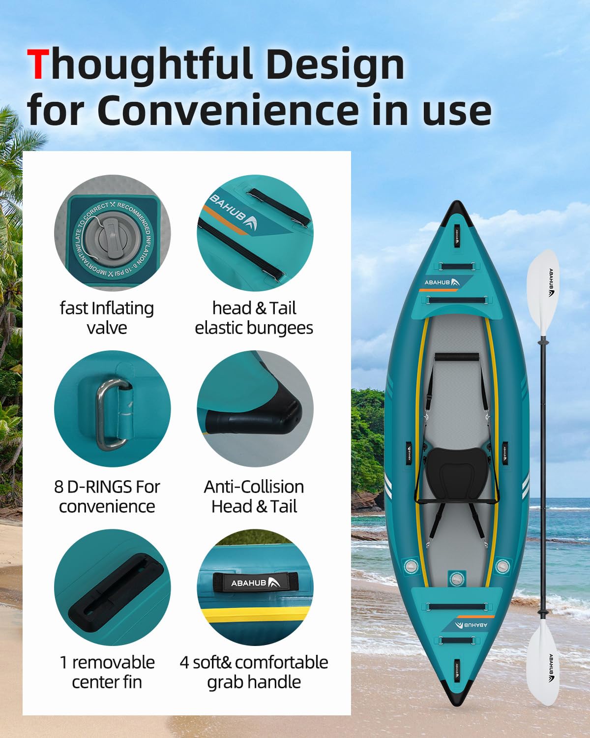 Abahub Kayak Hinchable 320/420cm con Remo, Asiento, Bomba y Bolsa 1/2 Plaza 320x89x23cm