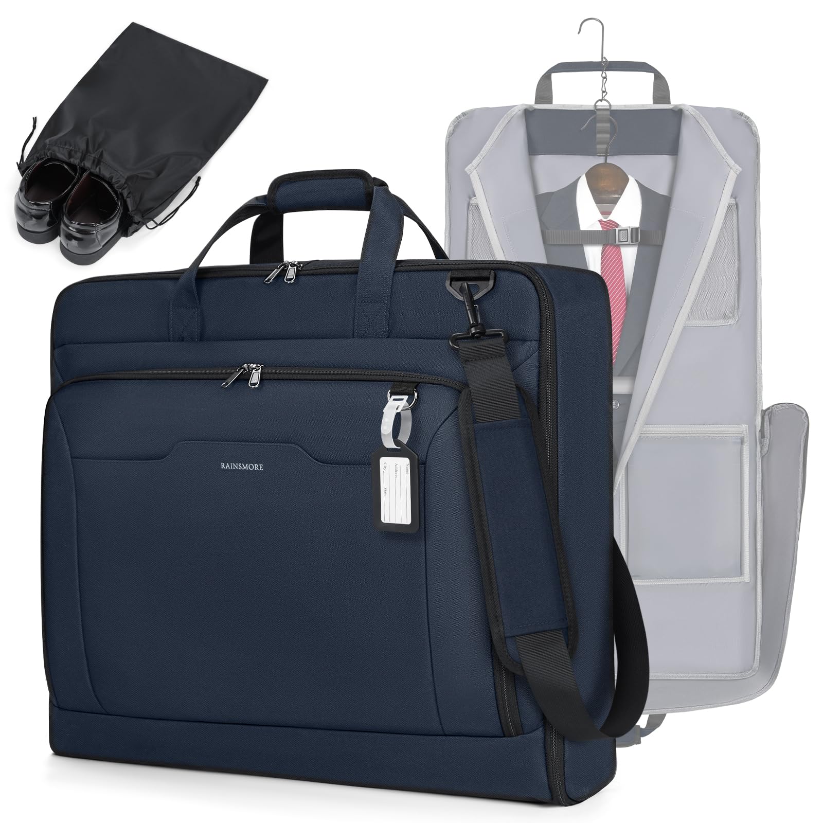 RAINSMORE Garment Bags for Travel Carry On Garment Bag for Hanging Clothes, Suit Bag for Business Trips with Shoes bag & Shoulder Strap, Waterproof Foldable Suit Luggage Bag for Men Women, Blue