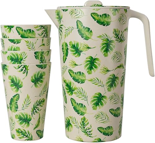 Miniatura 5 de Jarra de agua con tapa y 4 tazas de fibra de bambú para beber patrón de hojas para interior y exterior