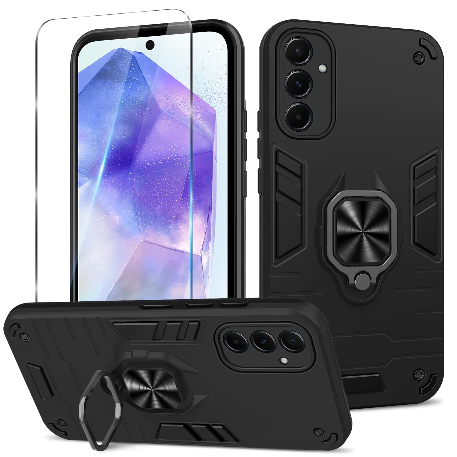 Funda para Samsung Galaxy A13 4G con Cristal Templado Protector Pantalla, Carcasa Antigolpes con Soporte anular metálico, Case Protectora de Grado Militar, Negro — view 201