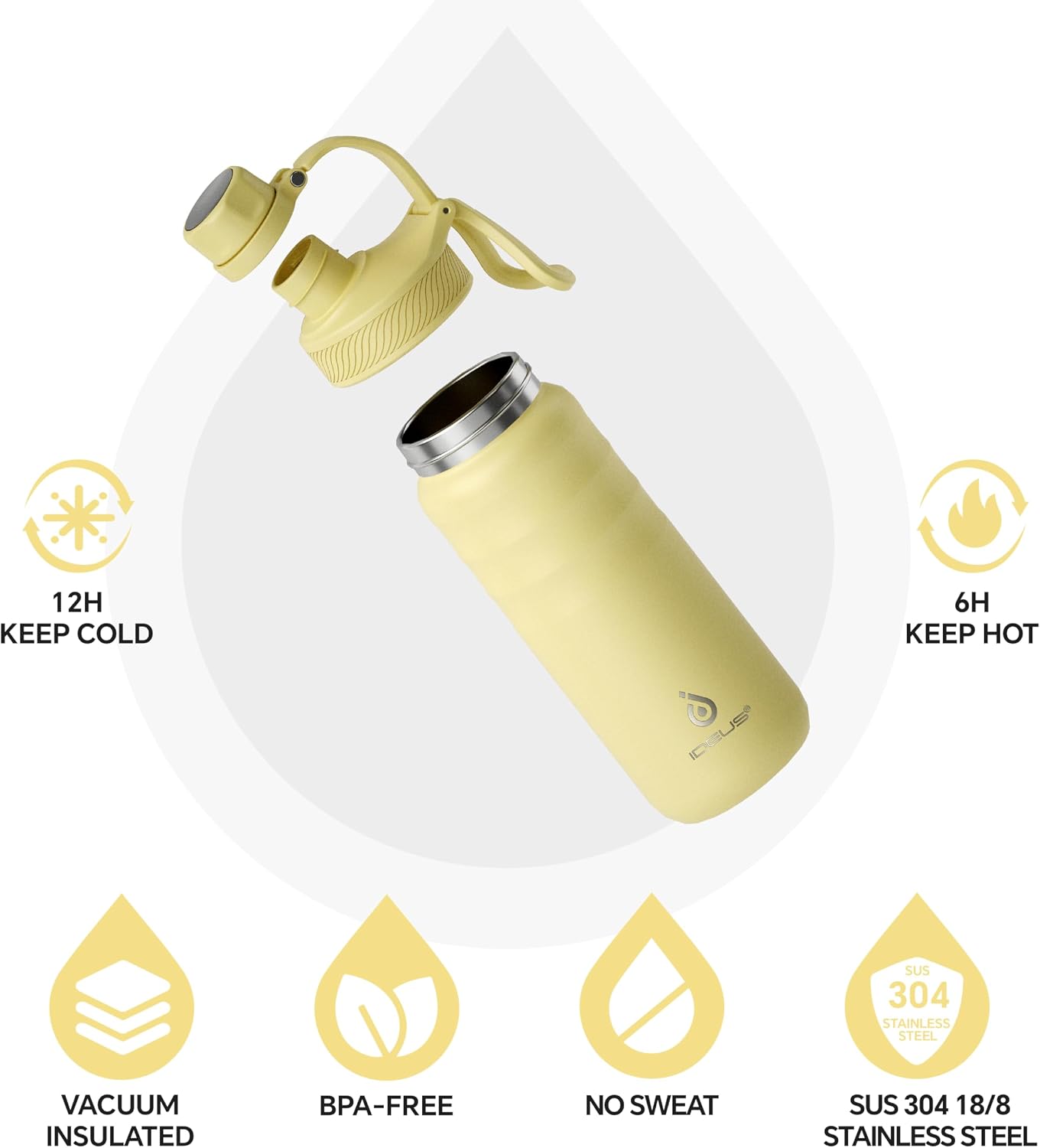 IDEUS Insulated Stainless Steel Water Bottle with 2 Leak-Proof Lids, Thermal Water Flask for Hiking Biking, 18oz, Light Yellow image 2