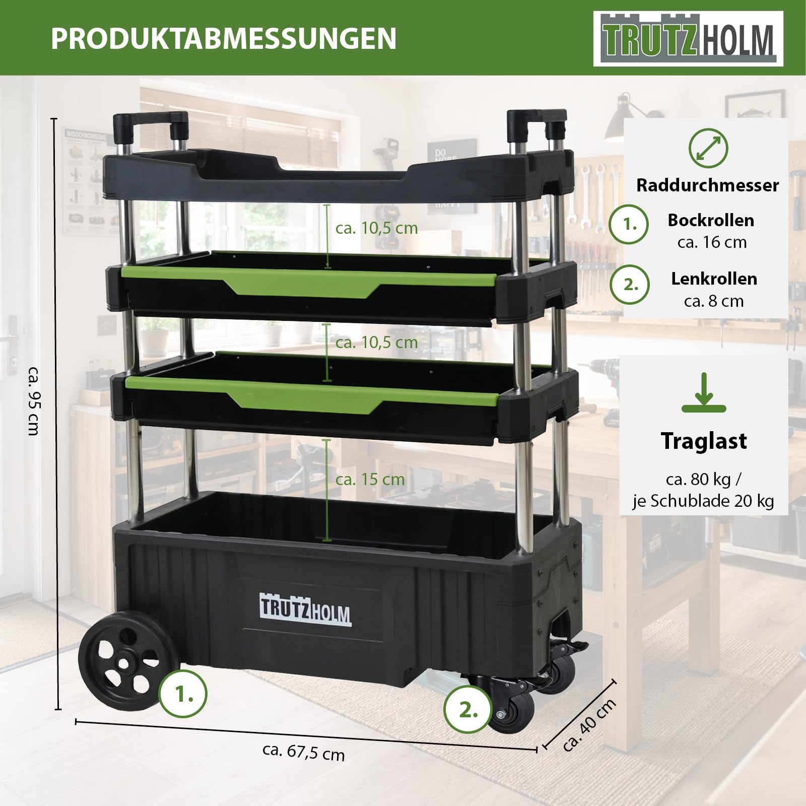 TRUTZHOLM Montagewagen klappbar mobil transportabel 67,5 x 40 x 95 cm Traglast 80 kg 4 Ablagefächer leer