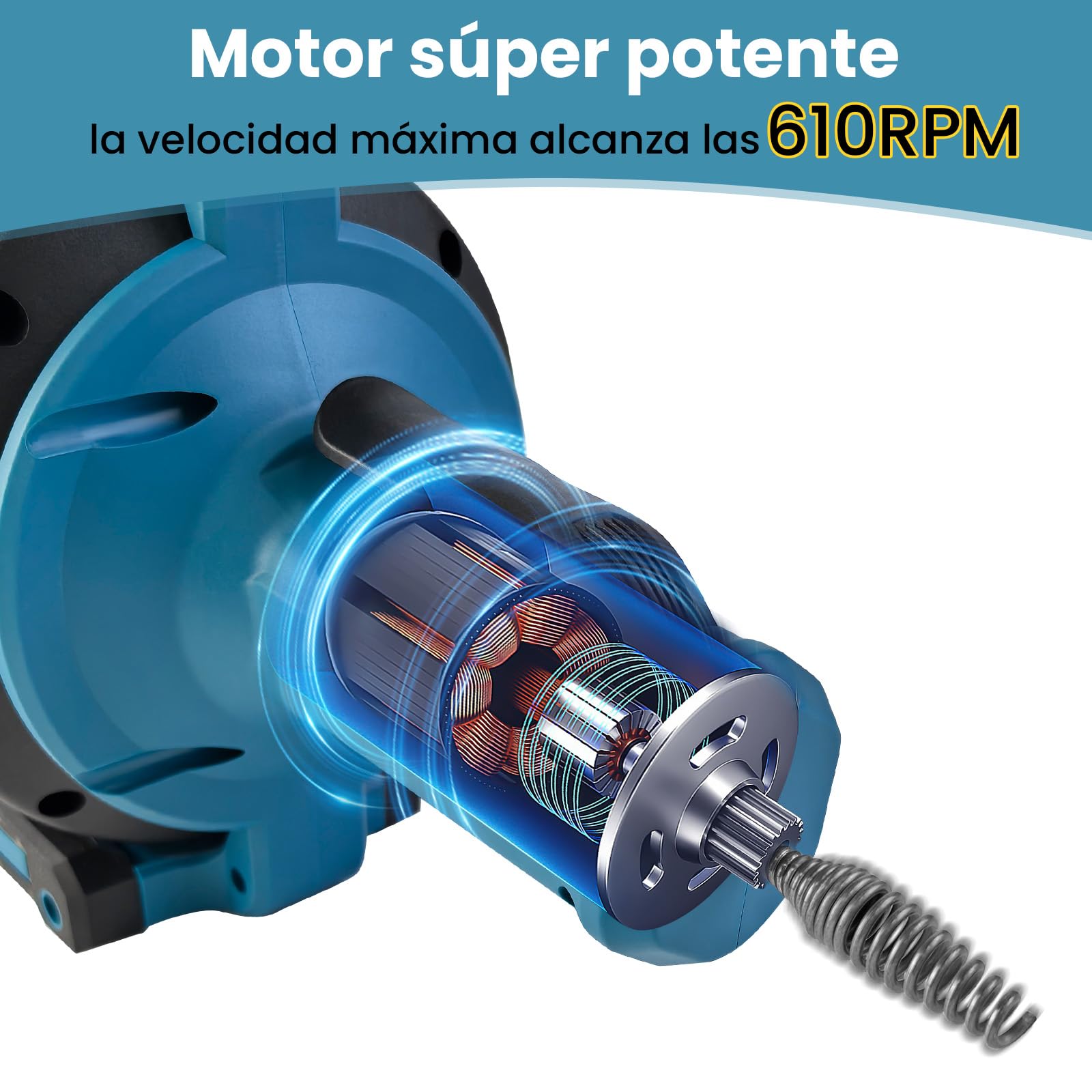 VKE Desatascador de tuberías inalámbrico 21V, kit con eje flexible | Eje flexible de 7m, compatible con tuberías 20–75mm, accesorios incluidos para desagües