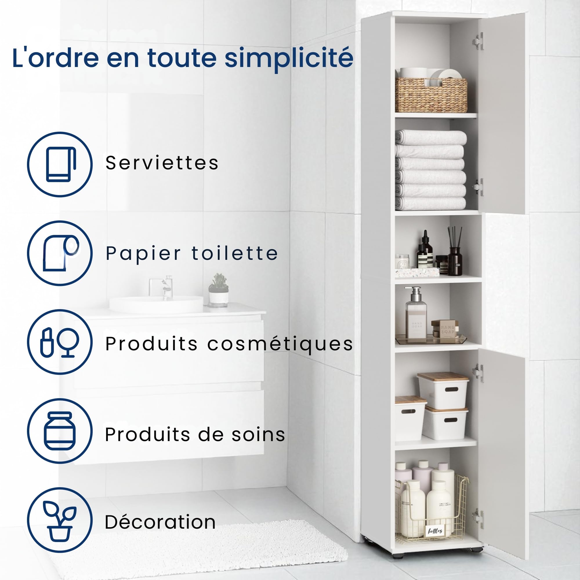 Home Collective Meuble Colonne de Salle de Bain étroite - Armoire Haute avec 6 Compartiments - Rangement de Salle de Bain, Armoire Multi-usages sdb, Cave et buanderie - 35 x 35 x 187 cm - Blanc