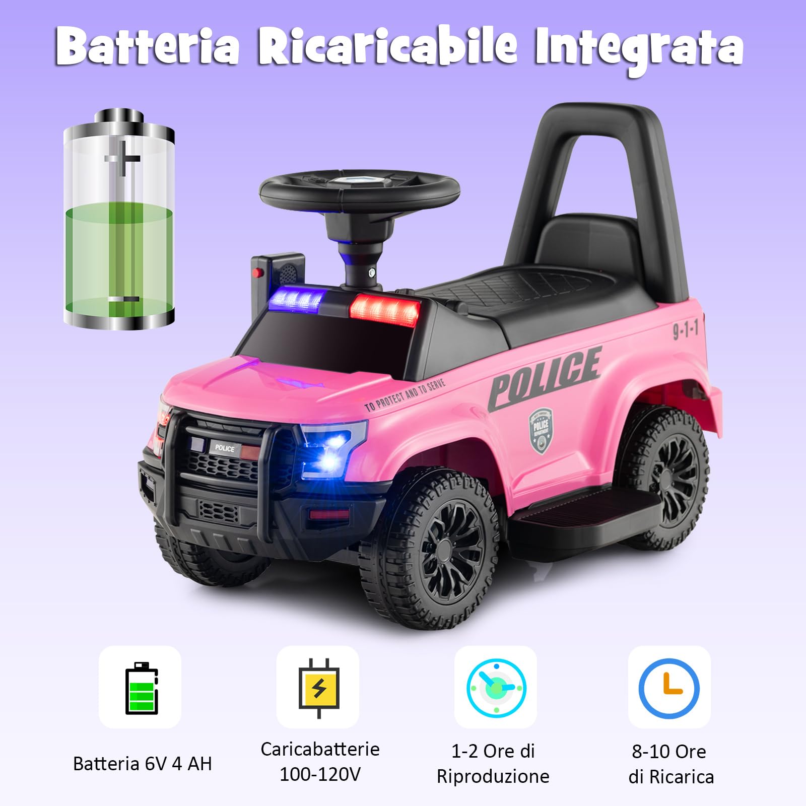 COSTWAY Auto Elettrica per Bambini, Auto della Polizia Giocattolo con Clacson Luce di Avvertimento e Suono della Sirena, Velocità 3 km/h, per Bambini 18-60 Mesi (Rosa)