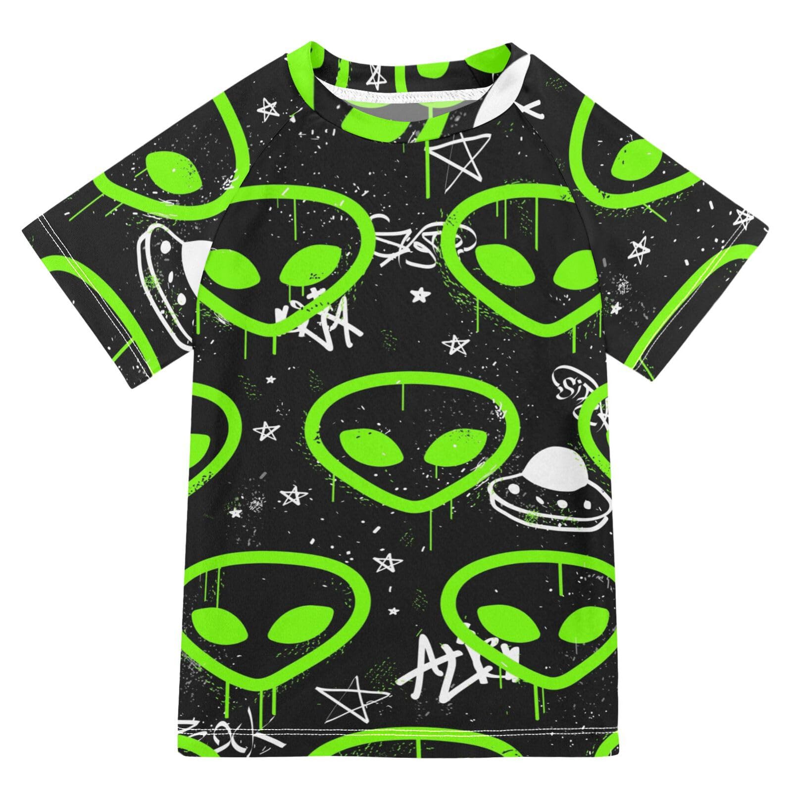Aflyko Fun Boys' Swim Shirt Alien Doodle Neon Rash Guard Beachwear Sun Protection Fishing Hiking Camping Surfing Swimming Toddler Infant Summer Daily T-Shirt, 4T