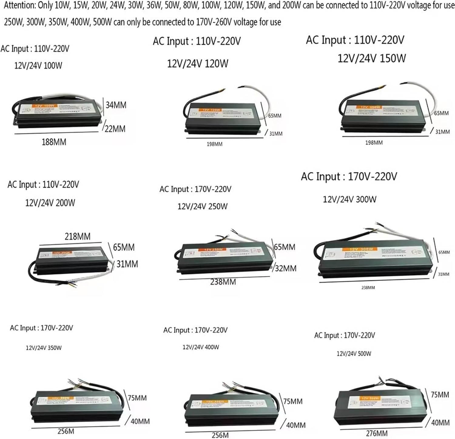 Waterproof Lighting AC 110V-220V to DC 12V 24V LED Driver Power Adapter 50W 100W 150W 200W 500W IP67 Power Supply(60W)