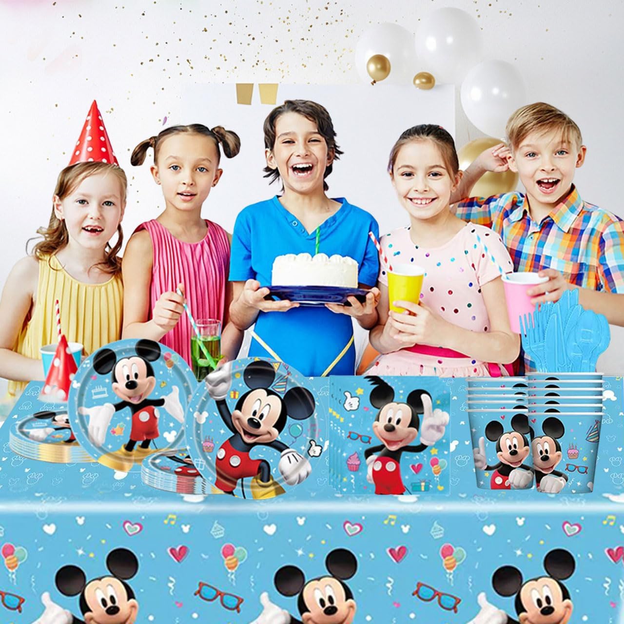 Cartoon Birthday Party Tableware Set – Including 9″ and 7″ Paper Plates, Paper Cup, Napkins, Cup, Fork, Knife, Spoon and Tablecloth, Birthday Party Sets for Boys & Girls (Blue)