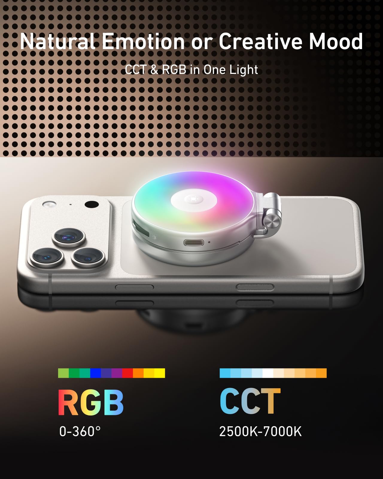 TELESIN Luce Selfie RGB Magnetica 4 in 1 per iPhone & Android, Luce Video LED 360° Ricaricabile con Specchio e CCT 2500K–7000K, Compatibile MagSafe, per TikTok, Vlog, Trucco, Fotografia, Streaming