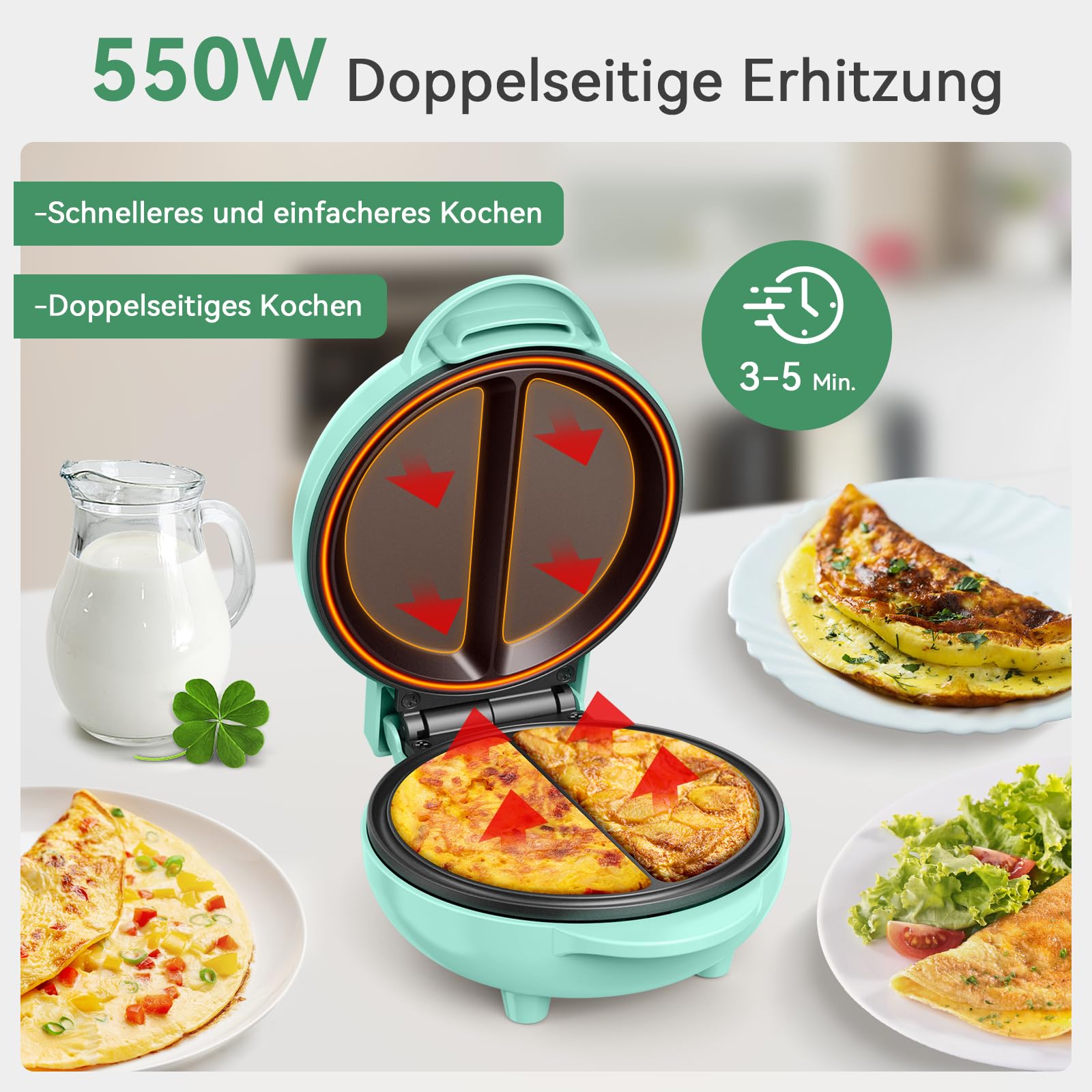 JK-109C, 550-W-Elektro-Multikocher, Mini-Omelettzubereiter, antihaftbeschichtet, leicht zu reinigen, kompaktes Design, Aluminium, 550 W, 200 Milliliter, GRÜN