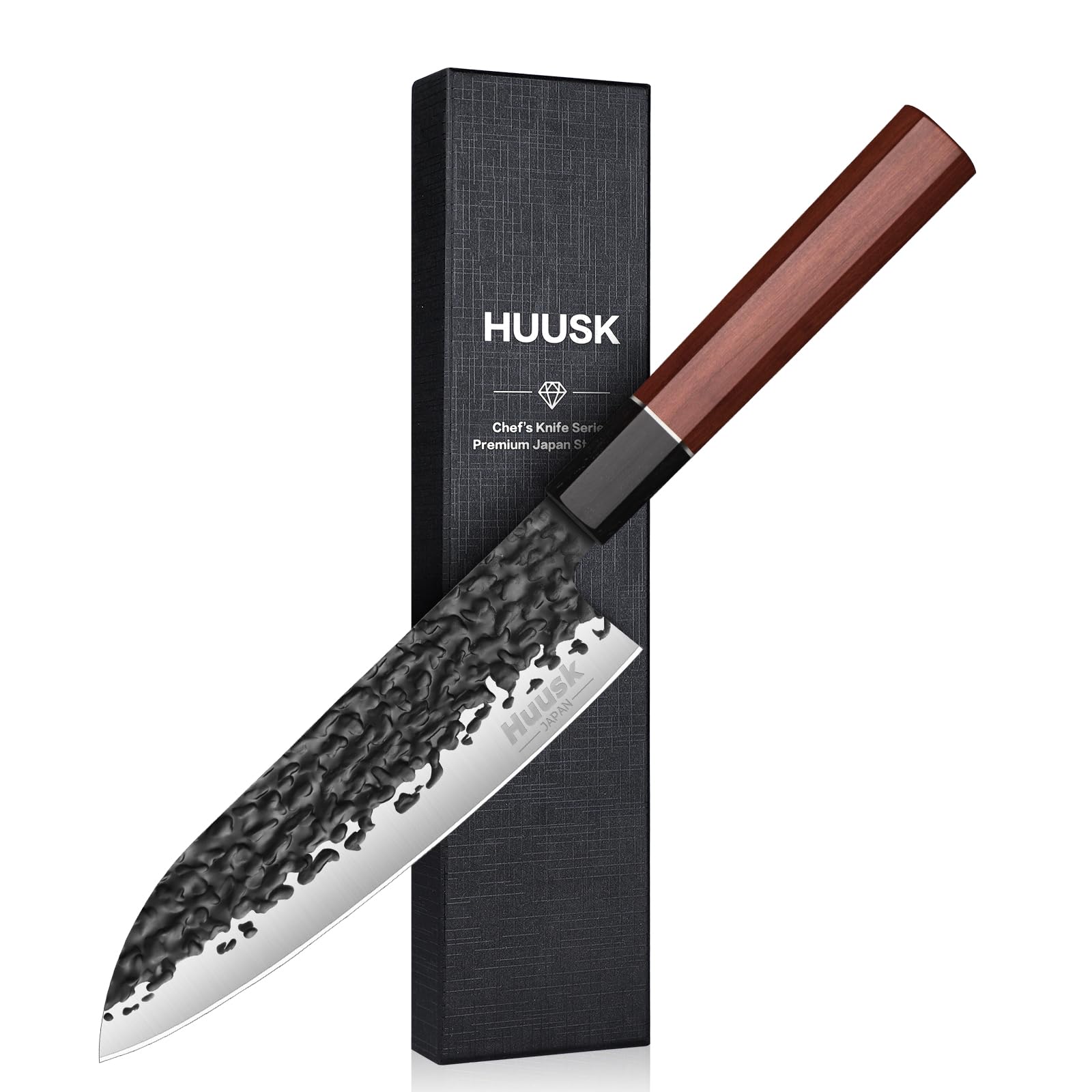 Huusk Japanese Santoku Chef Knife - 7" Hand Forged Knives, 3 Layers 9CR18MOV High Carbon Kitchen Knife, Professional Sharp Chopping Knife with Ergonomic Handle for Meat, Vegetables, Fish