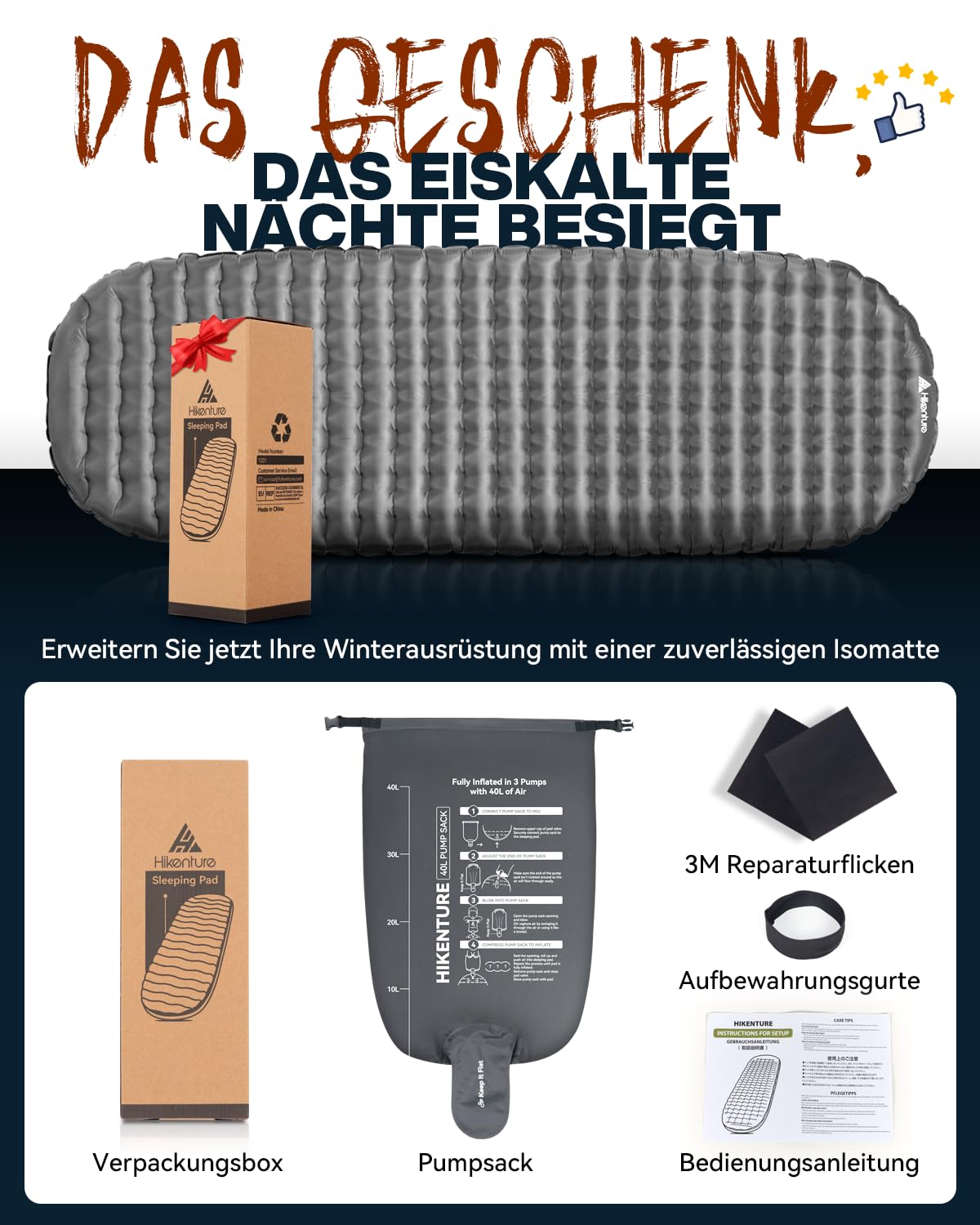 HIKENTURE Colchoneta de camping ultraligera de 8 cm, hinchable, para 4 estaciones, al aire libre