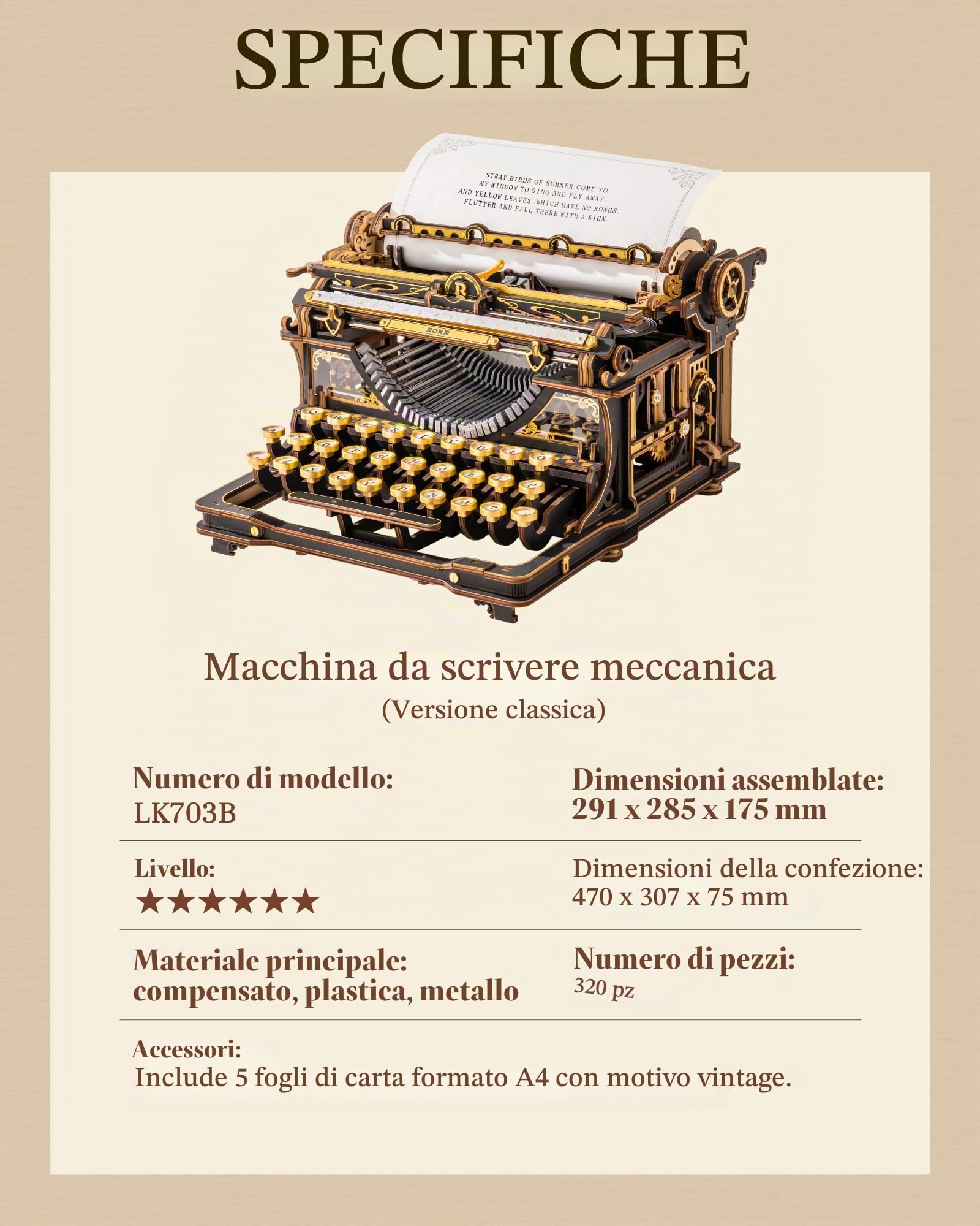 ROKR Puzzle 3D in Legno Macchina da Scrivere, Modello Funzionale per Adulti da Costruire, Giocattolo Meccanico Fai-da-te Unico in Legno, Arredamento da Scrivania Retro da Collezione