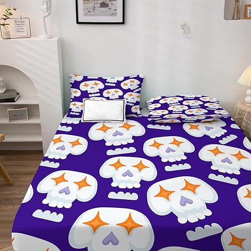 Miniatura 2 de Juego de sábanas de calavera tamaño Queen, sábanas góticas, sábanas y fundas de almohada estampadas de 4 piezas, sábana bajera ajustable de