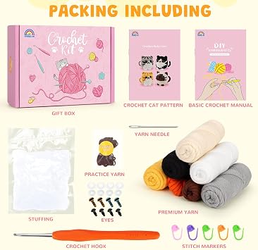 Learning Crochet Kit for Beginners Knitting Learning Kit Cat Crochet Kits Animal Crochet Complete Kit for beginners with Tutorials Crochet Knitting Cats Crochets Starter Kit Crochet Beginners