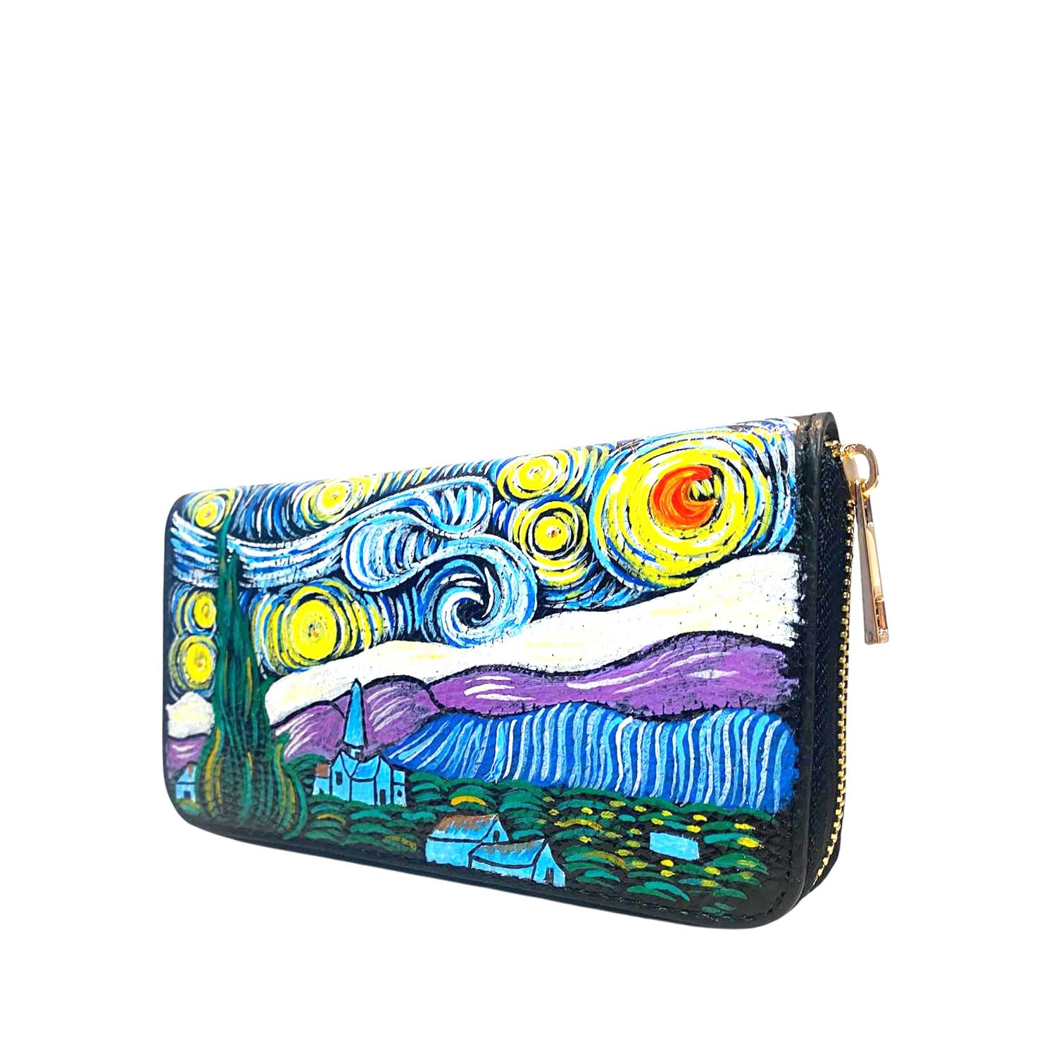 Arte Lisanti Portafoglio da donna in pelle dipinta a mano - LA NOTTE STELLATA QUADRO FAMOSO - Portafogli Donna, Made in Italy, chiusura con cerniera, porta carte credito, Lavorazione Artigianale