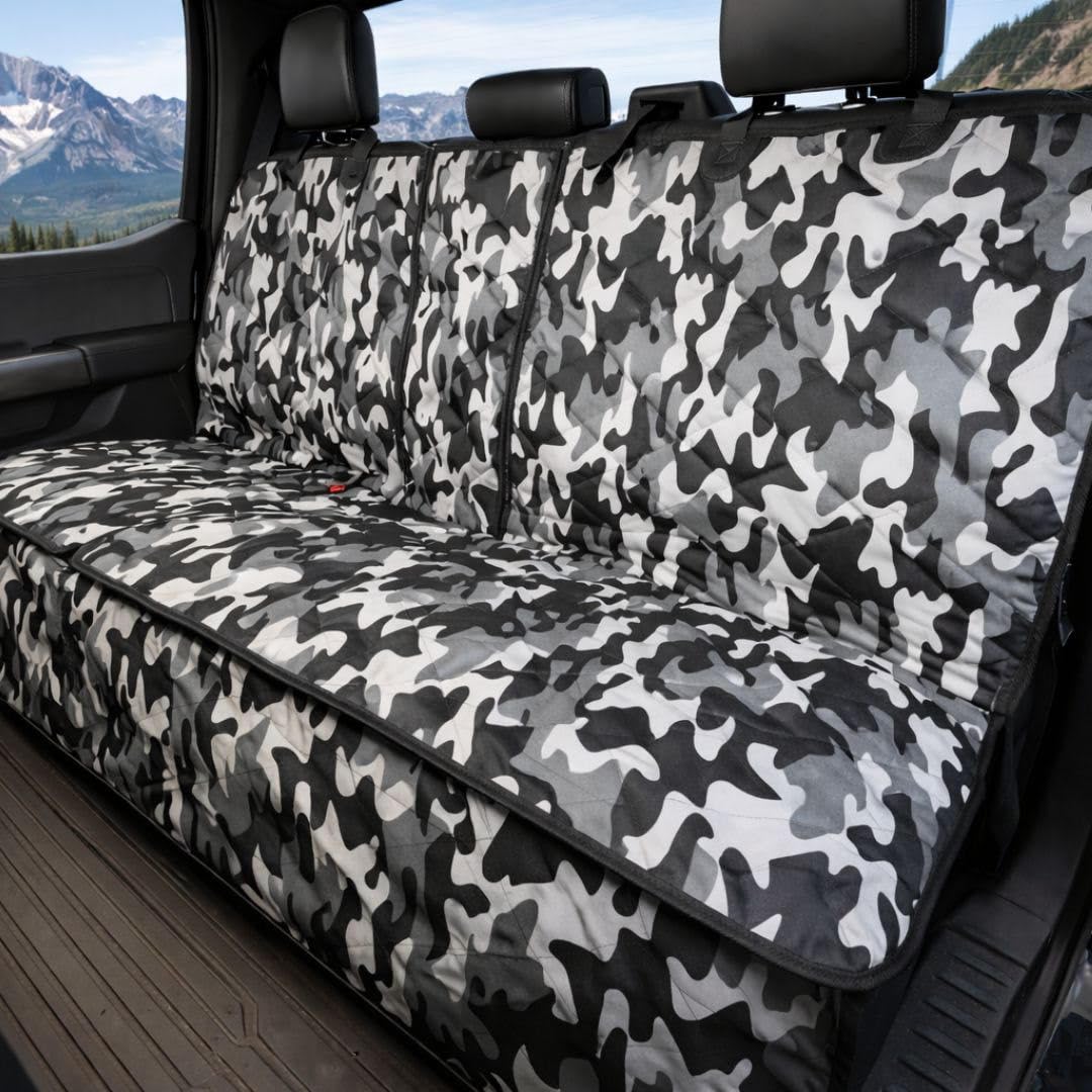 4Knines Dog Seat Cover Without Hammock 60/40 Fold Down Seat and Middle Seat Belt Capable - USA Company (Regular, Camo)