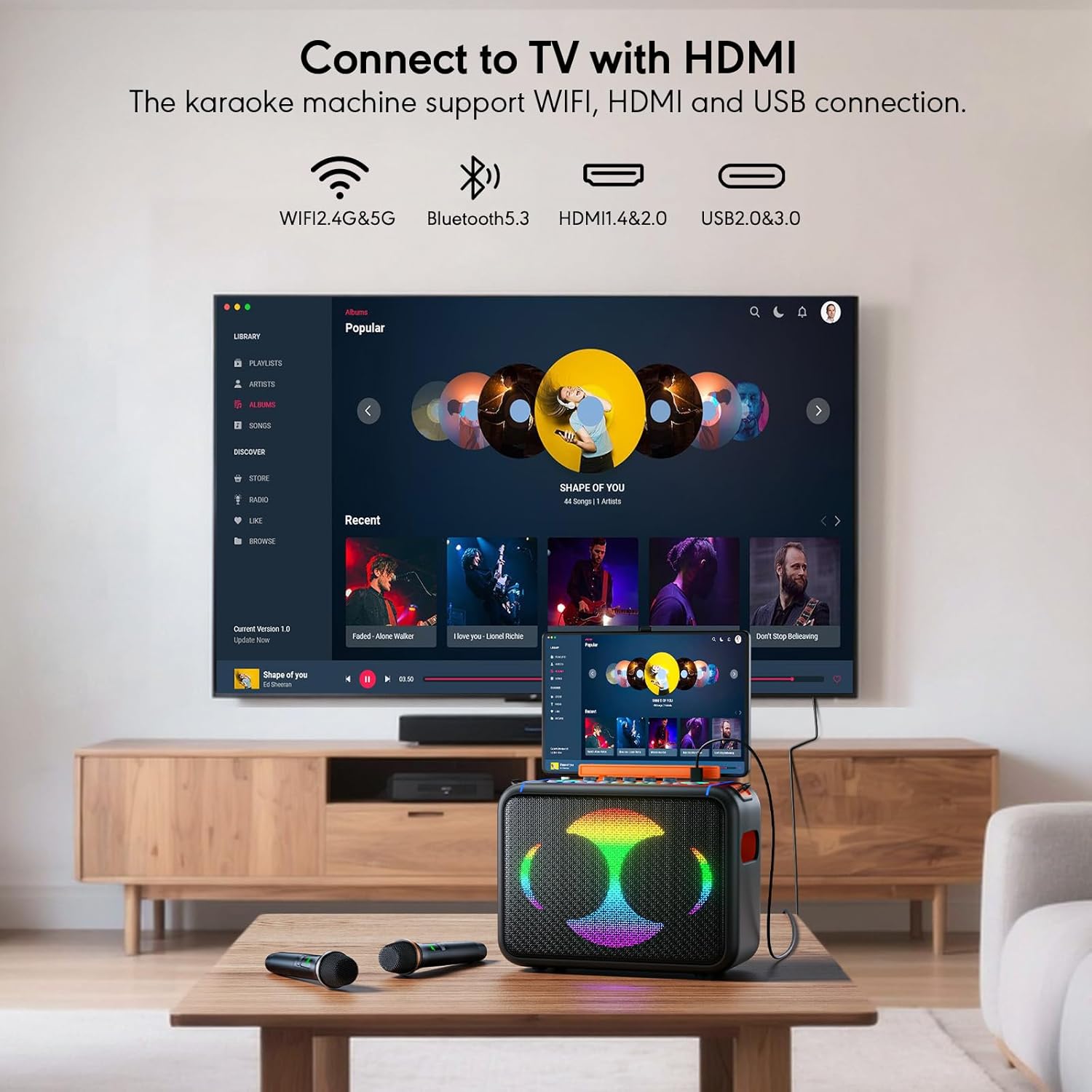 Smart Karaoke Machine with 14.0'' Touch Screen, Lyrics Display & Pre-Install Karaoke APP, Up to 600W Party Speaker and Dual Wireless Mics, Portable Karaoke Machine for Home or Outdoor Party (S702) - Image 6