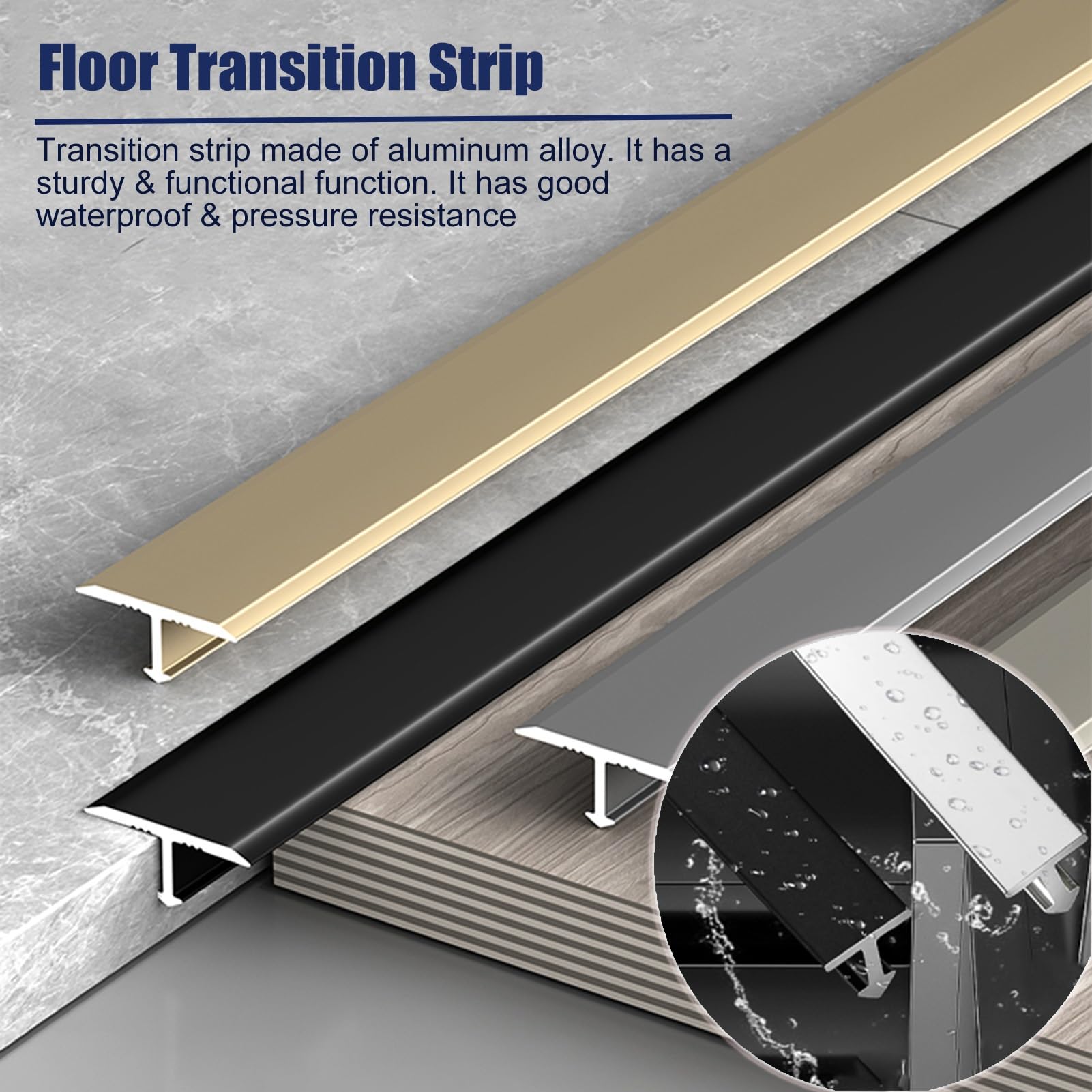 Barre de Seuil 3 Bandes de Transition de Seuil de Porte en Métal, Moulure de Bordure Extra-étroite en Alliage D'aluminium, Bande de Séparation Décorative pour Bois et Carrelage(Black)