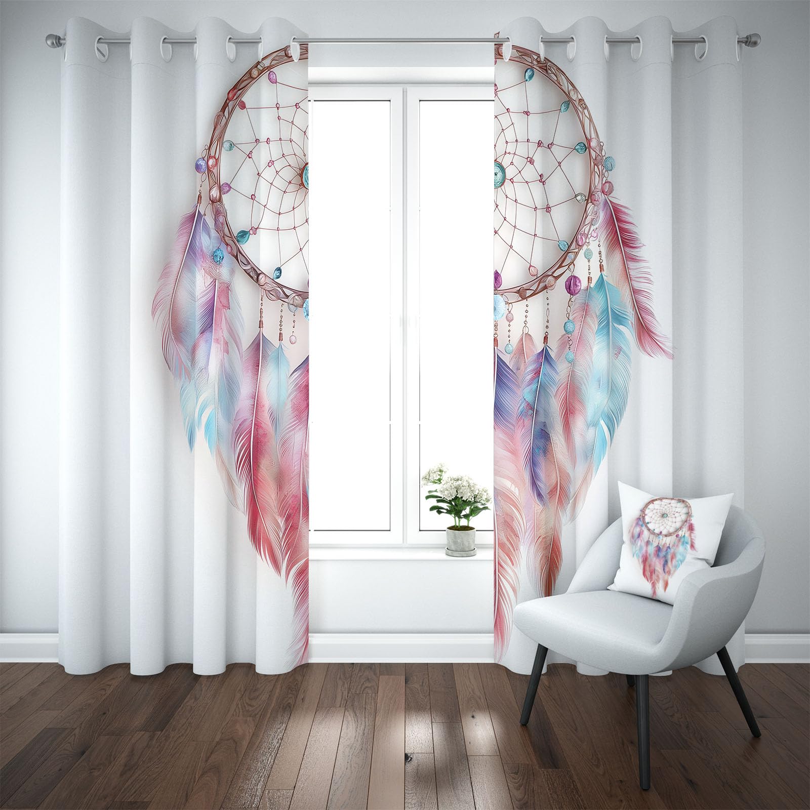 Bunt Traumfänger Thermo Vorhang mit Ösen, Tiere Feder Gardinen Blickdicht, Lärmschutzvorhang, Moderne Ästhetik Verdunklungsvorhänge Schlafzimmer, Curtains Living Room 2er Set 137x117 cm