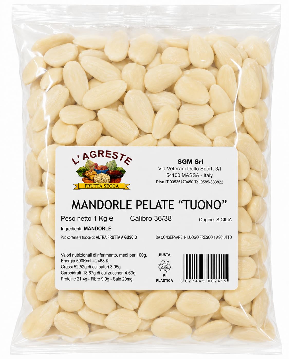 L'AGRESTE- MANDORLE PELATE "TUONO" - Origine ITALIA (SICILIA) - 100% DOLCI - Qualità EXTRA - Confezione da 1 Kg sottovuoto salvafreschezza