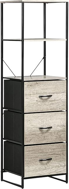 HOMCOM Industrial Storage Cabinet with 2 Open Shelves and 3 Foldable Fabric Drawers, Multifunctional Bookshelf in Living Room, Study, Bedroom, Grey