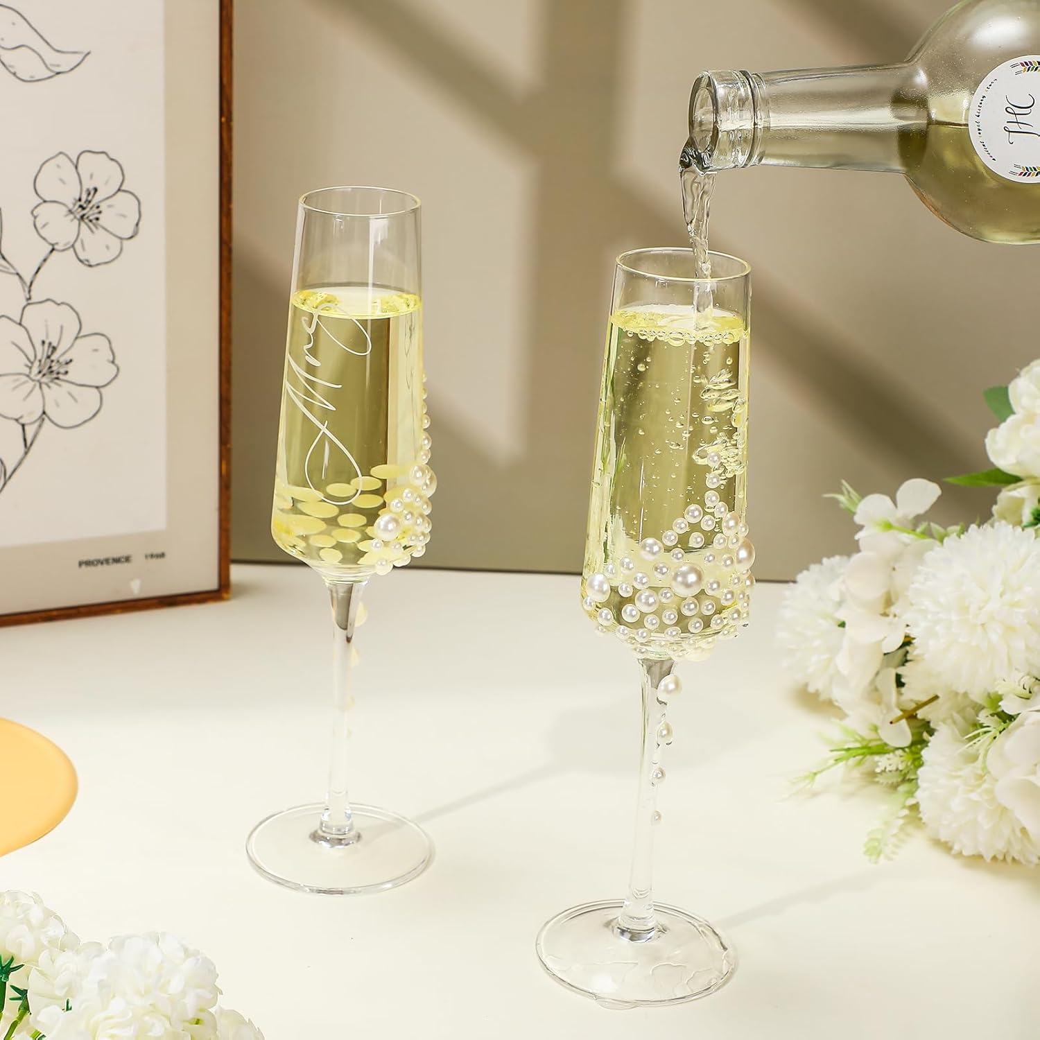 Mr and Mrs Wedding Champagne Flutes Set with Pearls Bride and Groom Toasting Crystal Glass Set with Gift Box Packaging for Anniversary Engagement Celebrations Bridal Shower Gifts - Image 5