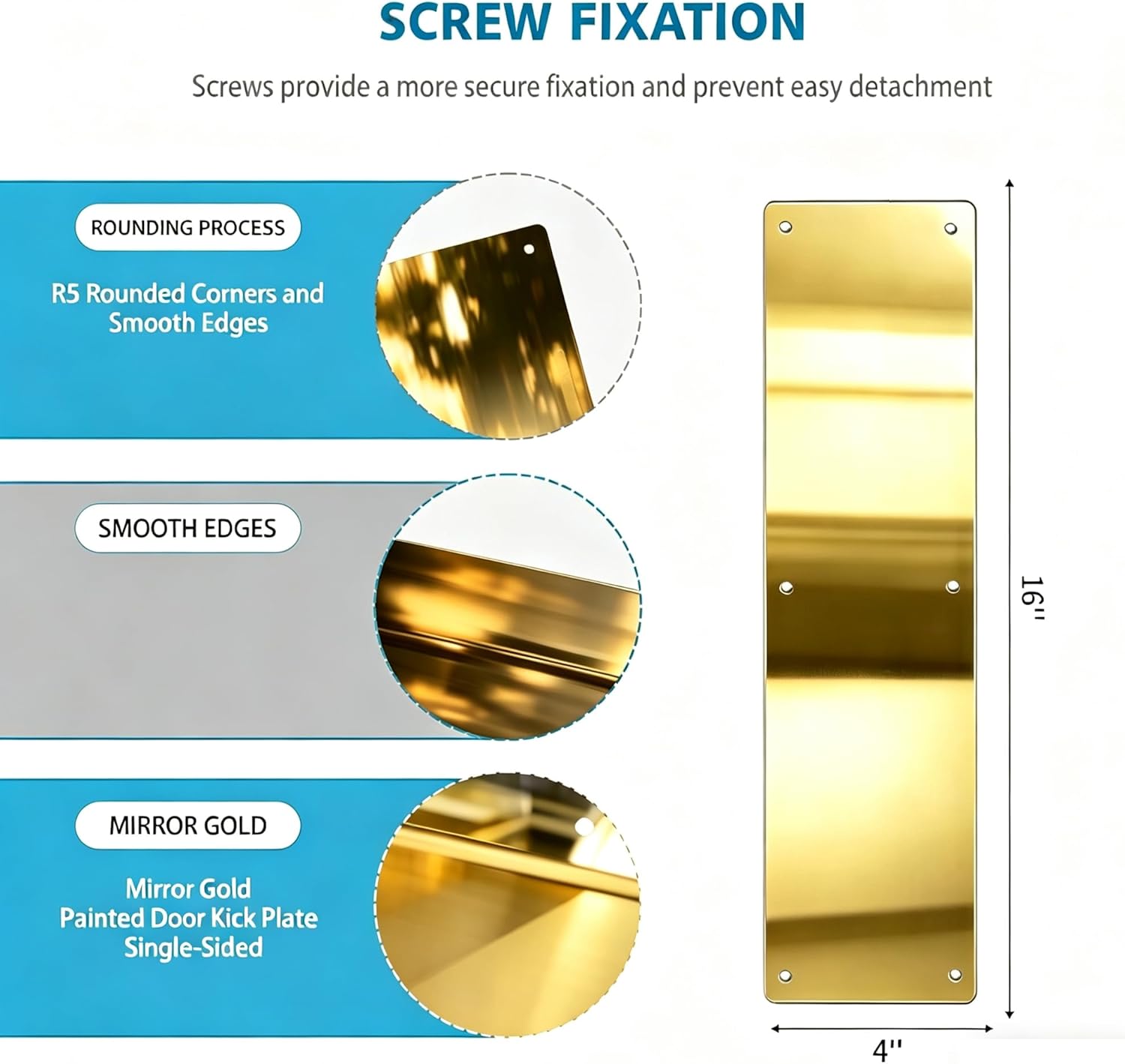 Door Push Plate, Metal Kickplate for Bottom of Door,4x16 inch Aluminum Metal Plate Rounded Corners for Interior and Exterior Doors (Gold Mirror 2 Pack)