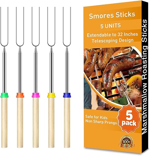 HOOPLE Palitos para asar malvaviscos de 32 pulgadas con bolsa de lona, accesorios de campamento para pincho Smores. Tenedores extensibles de acero
