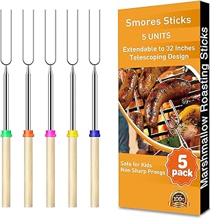 HOOPLE Marshmallows Roasting Sticks 32Inch,Camping Accessories for Smores Skewer. Extendable Stainless Steel Forks for Roasting Hot Dogs, Safe BBQ Fork for Campfire. (5PACKSET)