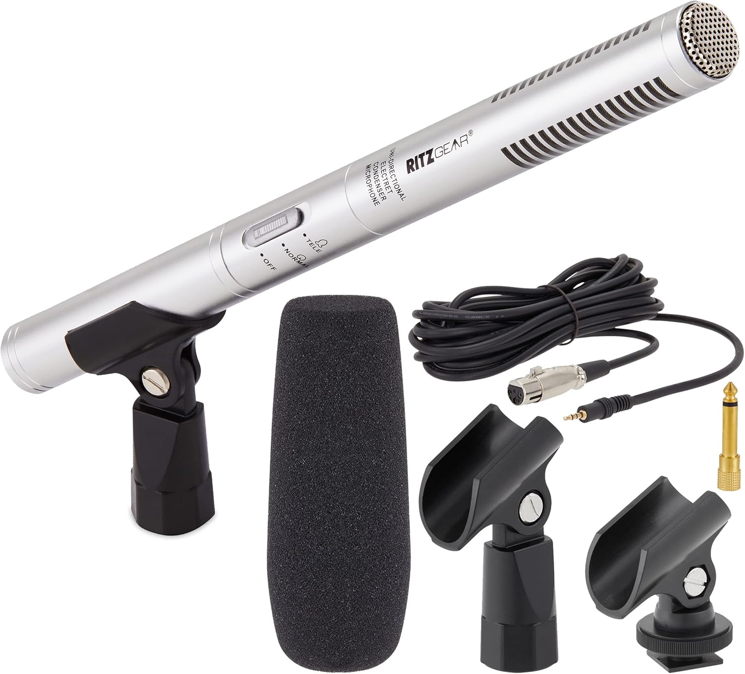 Ritz Gear Professional Video & Broadcast Microphone | 10.8” Unidirectional Condenser Shotgun Mic for Indoor & Outdoor Film, Interview & Studio Recording for Camcorders and DSLR Camera – Silver