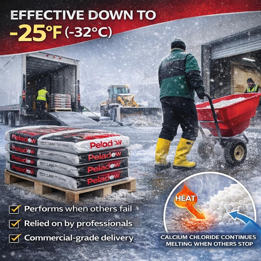 Premium Ice Melt Bulk Pallet Calcium Chloride Pellets - (Pallet of 45 Bags) 50 Lbs Each- Professional Grade- Driveway, Walkway, Parking Lot, Pet Safe, Concrete Safe - Works to -25F