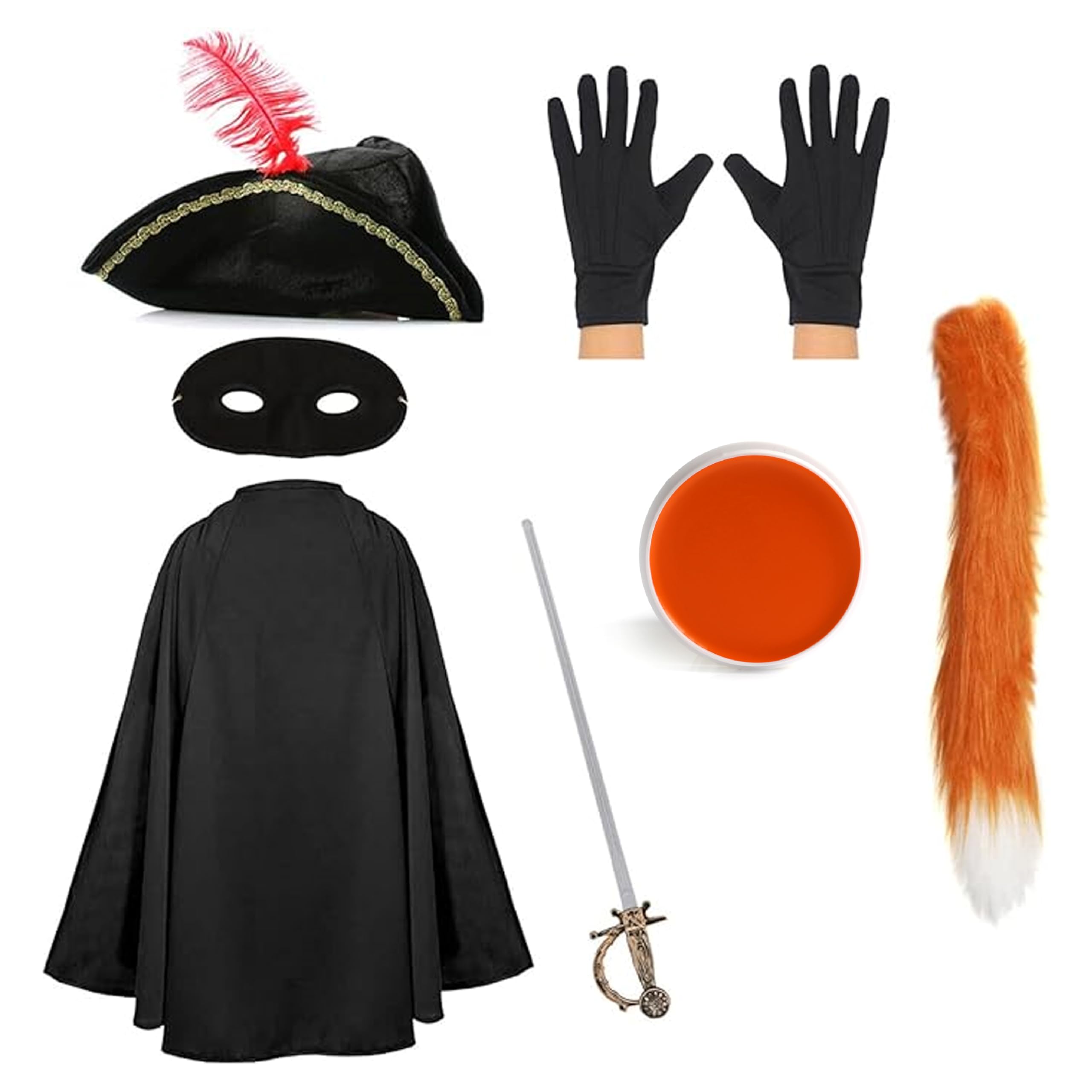 Kids Cat Bandit Costume - Black Tricorn Hat, Black Cape, Black Eye Mask, Black Gloves, Fake Sword, Orange Cat Tail, Orange Facepaint - Childs World Book Day Fancy Dress Costume