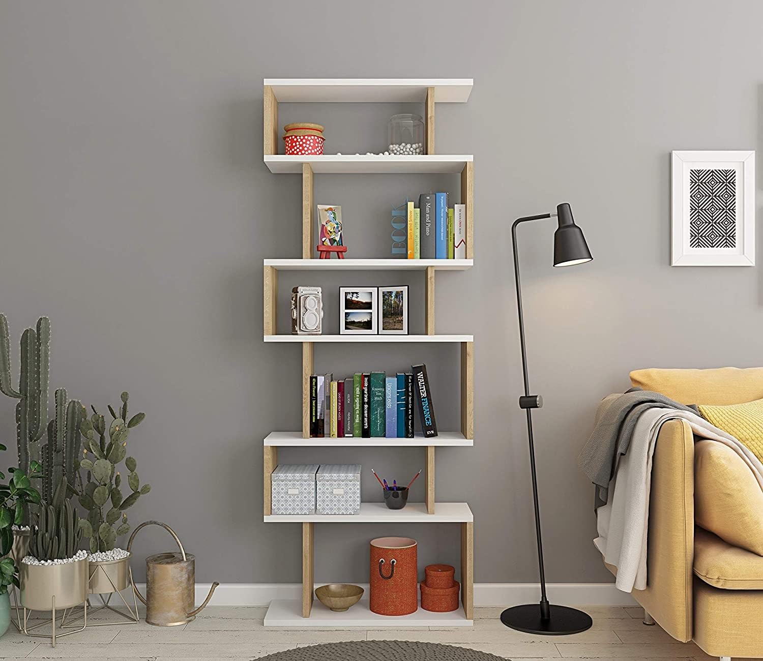 Hanah Home Stylish Wall-Mounted Bookshelf, White & Oak, 60 x 19.6 x 160 cm, 100% Melamine Coated Particle Board, 18 mm Thick, Space-Saving Design with Numerous Shelves