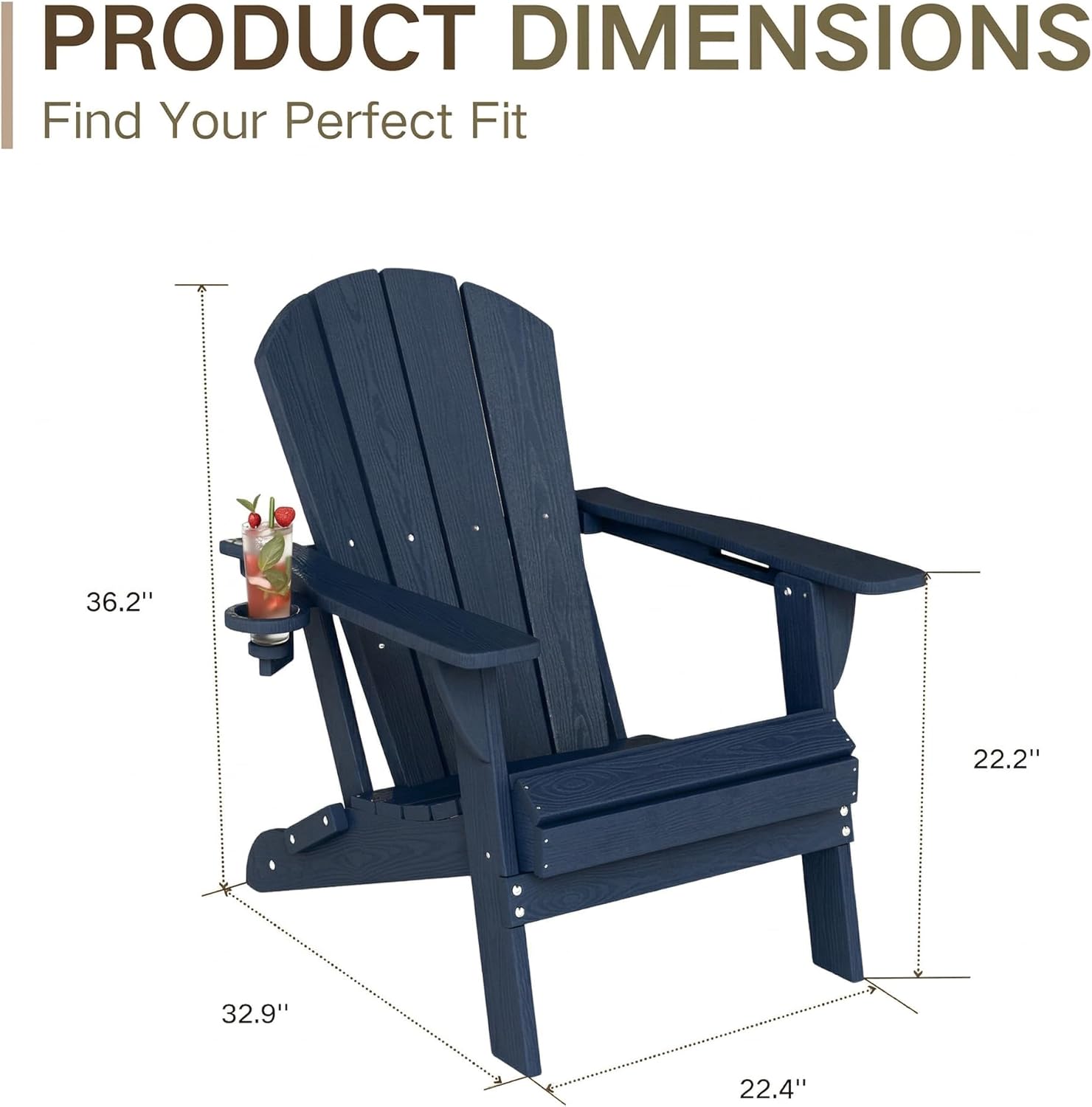 Kingdura Foldable Adirondack Chair, Portable HDPE All Weather Resistant Outdoor Patio Chair, Wooden Textured with Cup Holder, 380LBS Capacity for Poolside, Backyard, Deck, Fire Pit (Navy Blue)