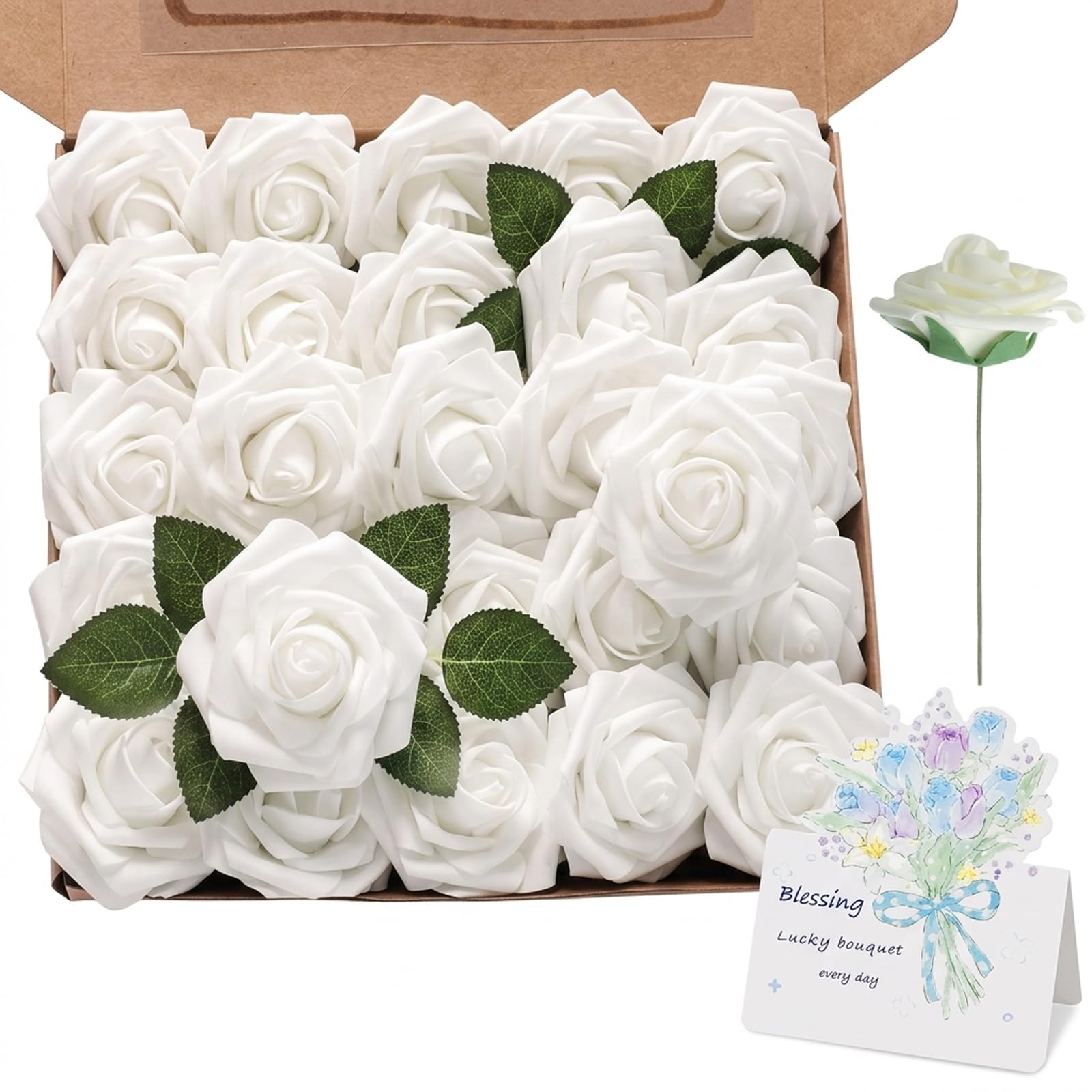 TUBAWD 26PCS White Roses Artificial Flowers and Artificial Roses, White Roses with White Flowers and White Faux Flowers for Home, Wedding, Bouquet, Party, Office Decor