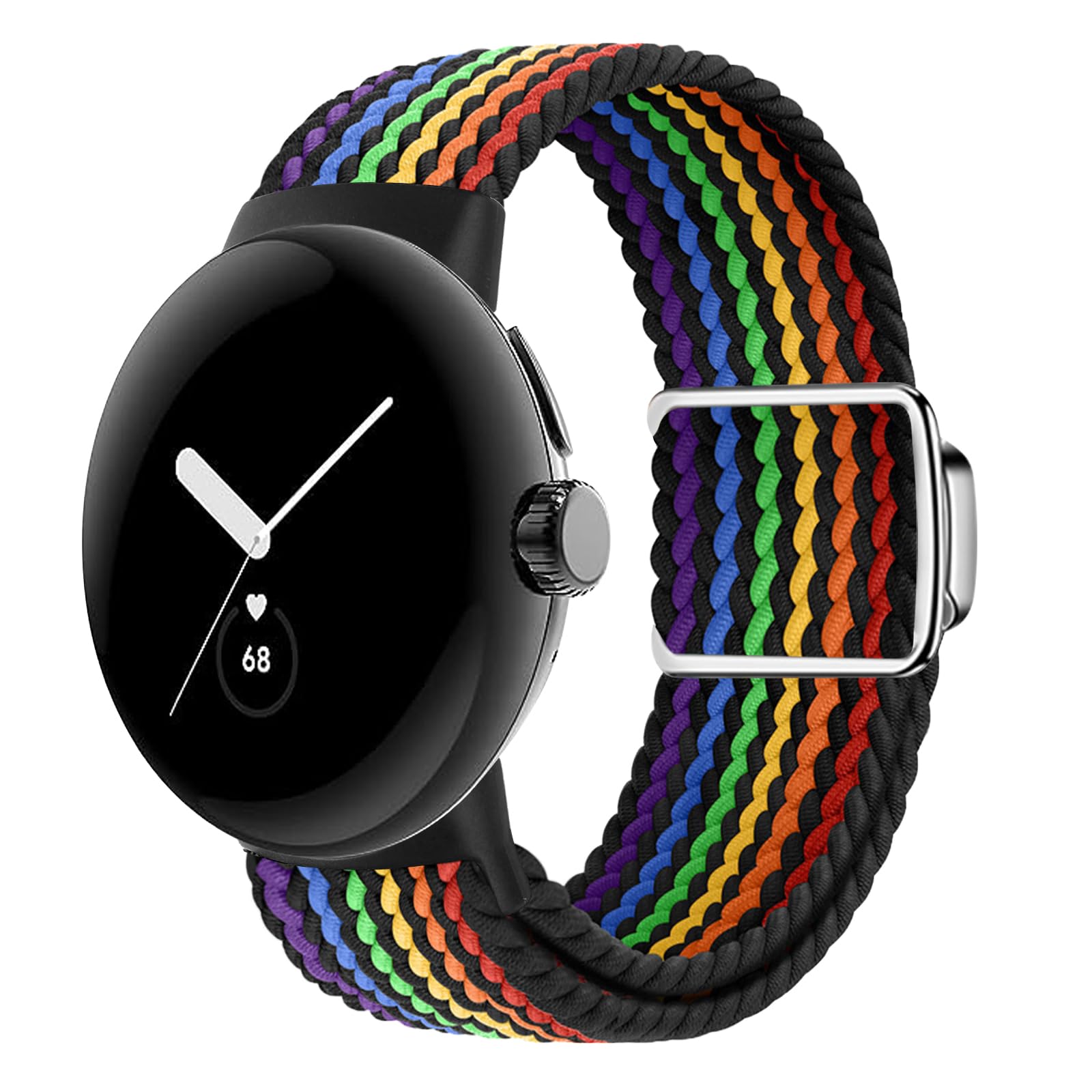 BlackPro Braided Strap Compatible with Google Pixel Watch 2/ Band Replacement, Adjustable Breathable Sport Stretchy Nylon Wristband Snap-On Magnetic Buckle/ Upgraded Connector (Black Rainbow)