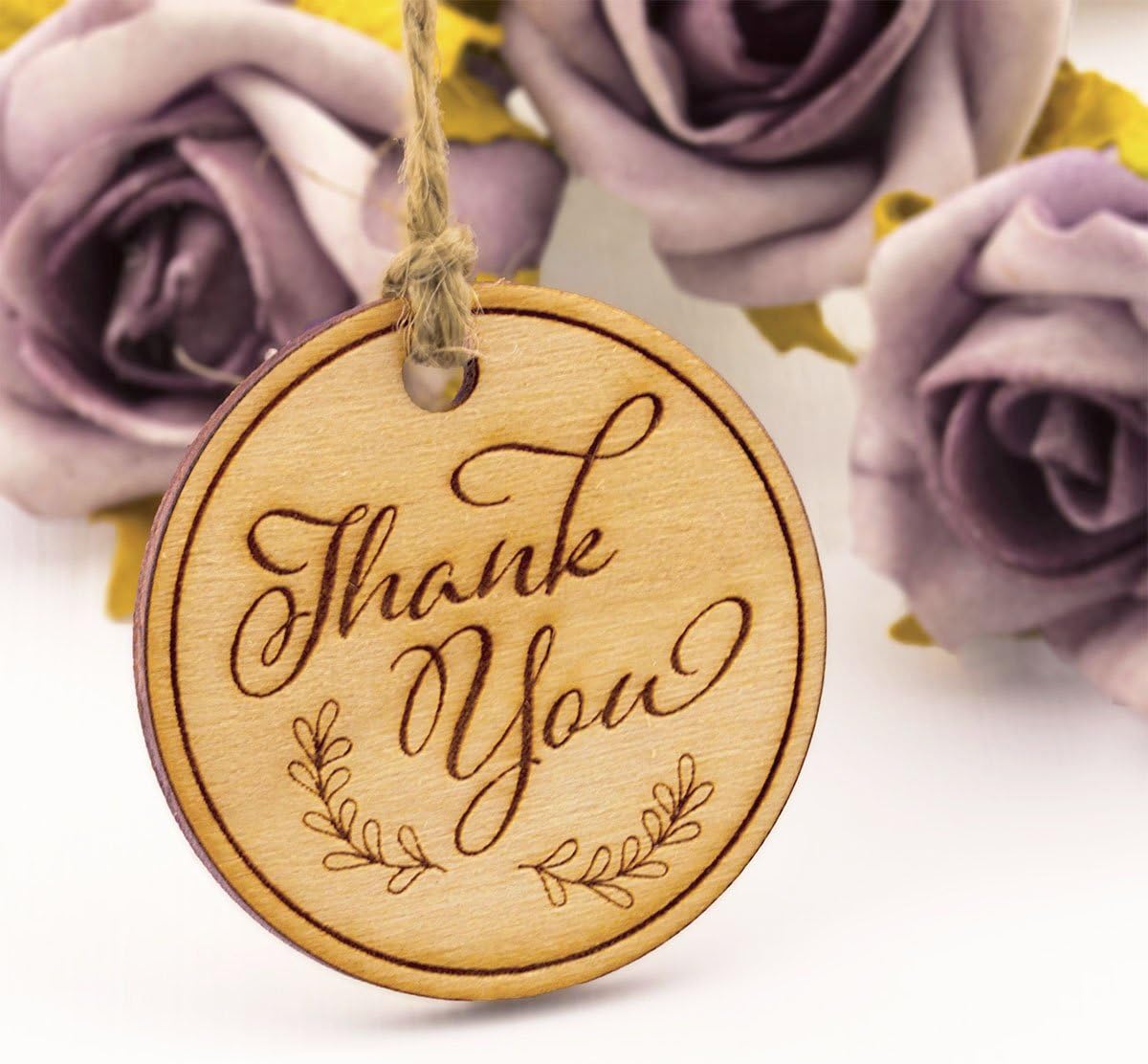 Summer-Ray 50 Wooden Round Thank You Engraved Favour Tags Wedding Baby Shower Bridal Shower Birthday (Natural) - Image 3