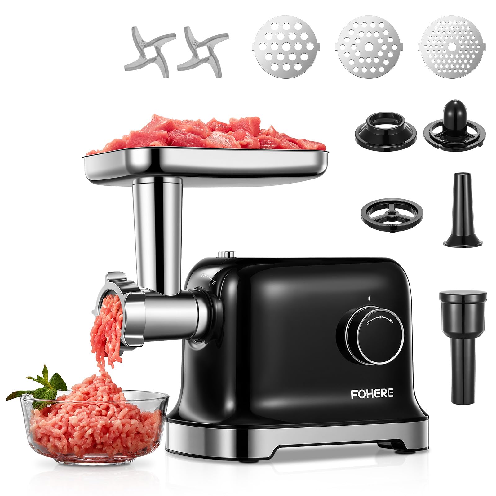 FOHERE Hachoir à Viande Électrique, 2000W Moteur à Courant Continu Hachoir Électrique Avec 2 Lame de Coupe, 3 Plaque de Coupe (7MM/5MM/3MM), Tuyau de Saucisse, Forme-kubbe, Hachoir à Viande Domestique