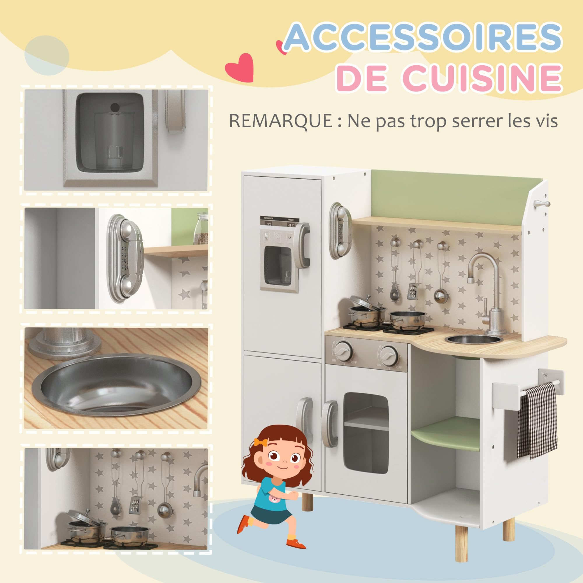 AIYAPLAY Cuisine Enfant en Bois 3-8 Ans Jeu d'imitation avec Machine à glaçons, évier Mobile en Acier Inoxydable et ustensiles 84 x 34 x 89 cm Blanc