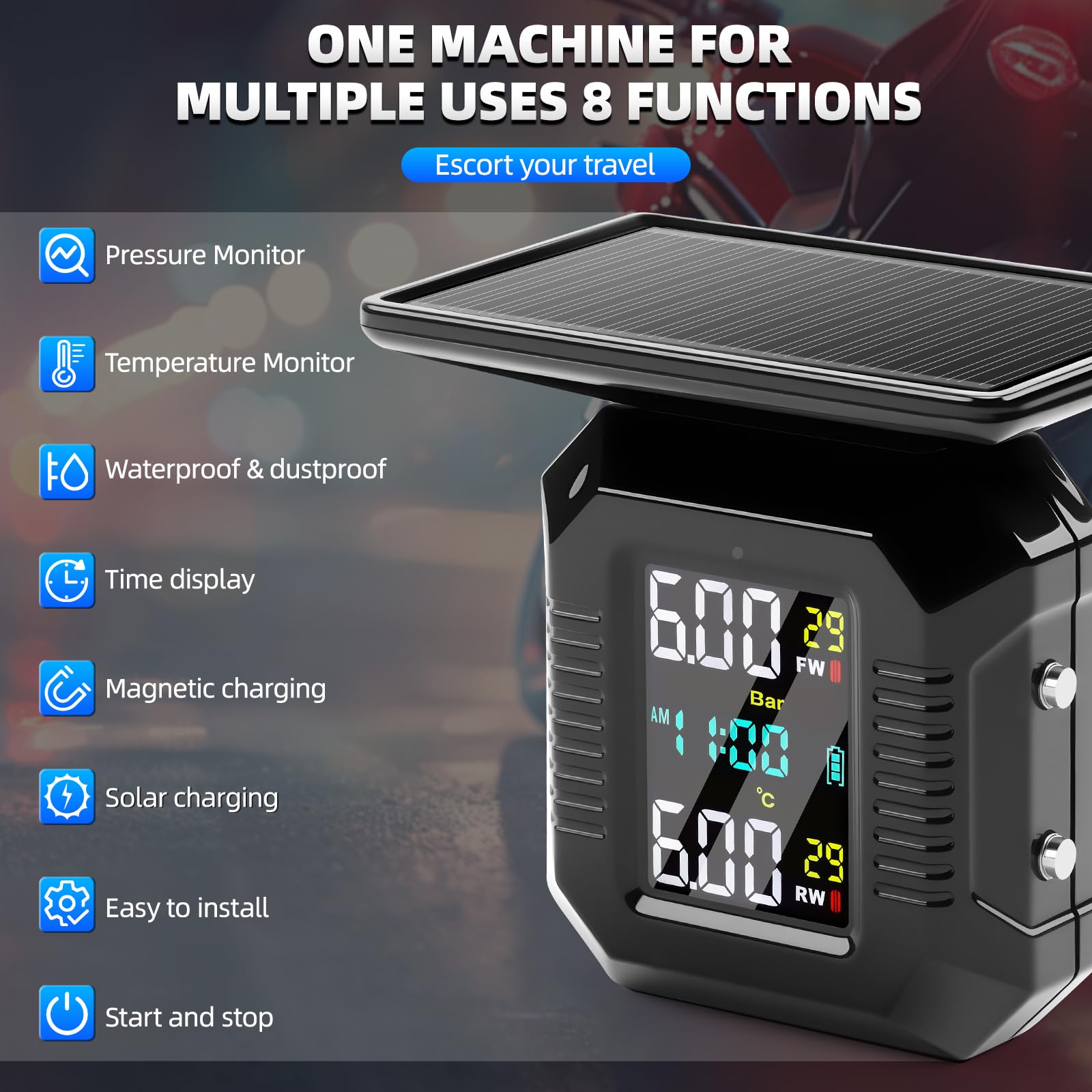KAOLALI system kontroli ciśnienia w oponach dla motocykli TPMS, bezprzewodowy system TPMS do motocykli z ładowaniem solarnym/USB i wyświetlaczem LCD, z 2 zewnętrznymi wodoodpornymi czujnikami